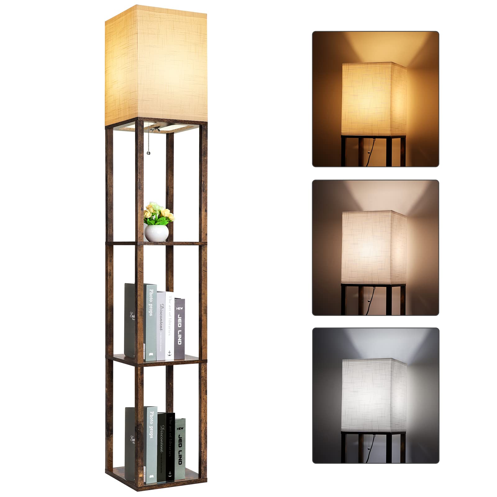 Runtop Modern Floor Lamp With Shelves, 3 Color Temperatures, Rustic Brown, 8W Bulb