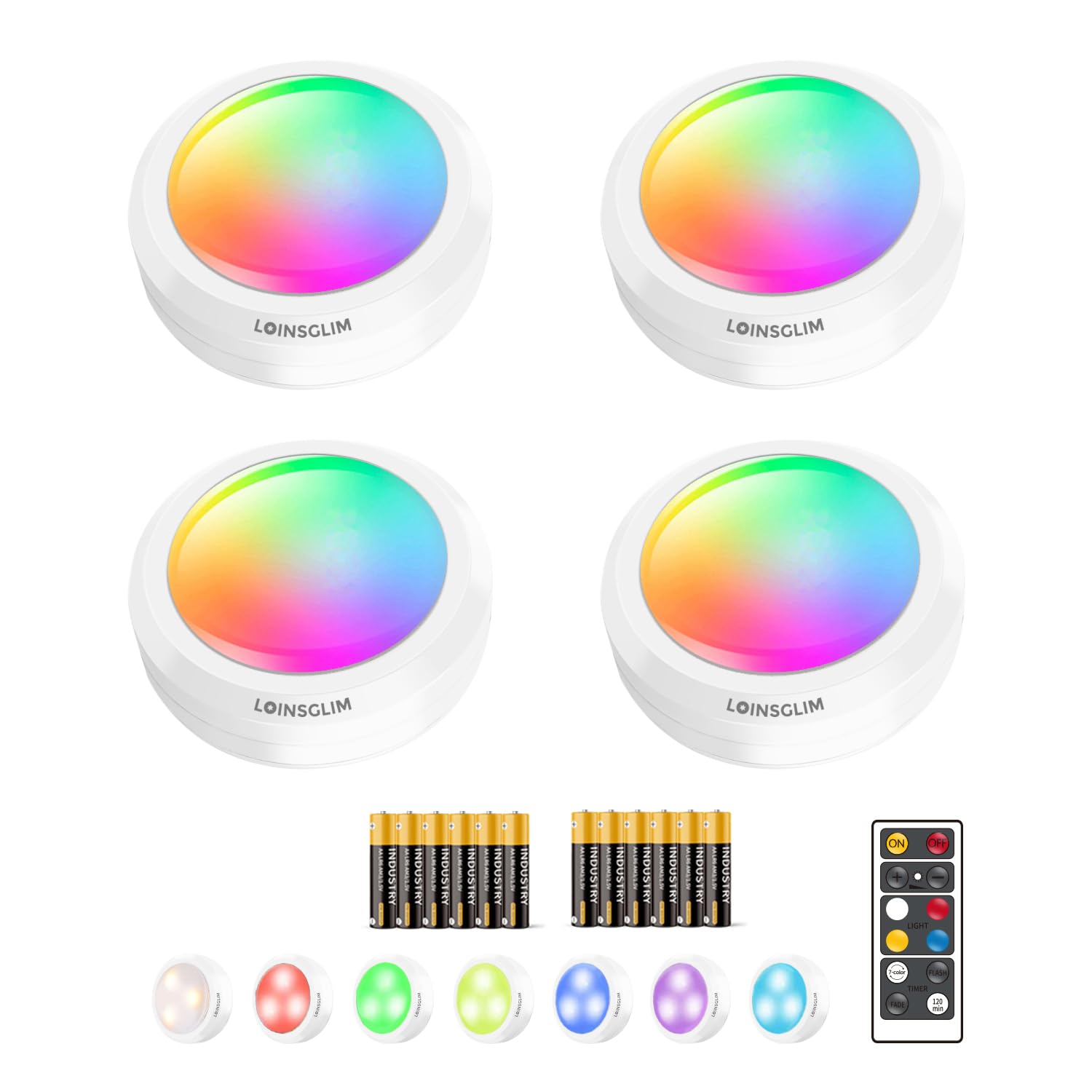 LOINSGLIM Puck Lights Battery Operated with Remote,Under Cabinet Lighting Wireless,7 Colors RGB LED Puck Lights Dimmable, Push L