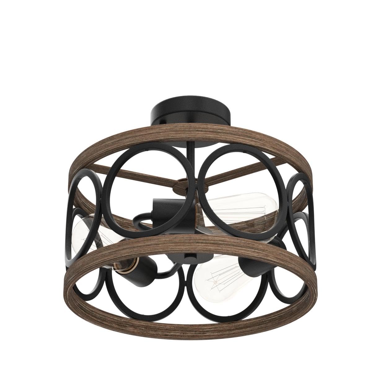 MEIXISUE Semi Flush Mount Ceiling Light, 3-Light Retro Wood Drum Shade, Black Finish, Model MX-C2139-3B for Entryway, Kitchen, Bedroom