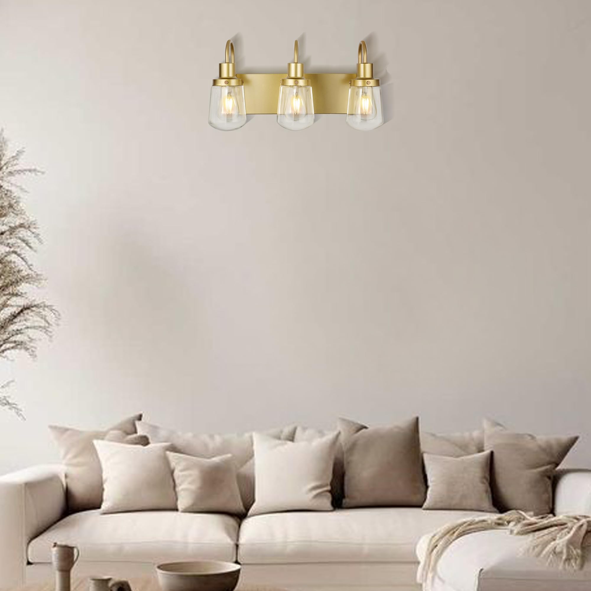 Yaohong Industrial Wall Sconce 3-Lights Modern Vanity/Bathroom Lamp In Painted Gold With Clear Glass Shades Wall Mount Light Fixtures For Hallway Kitchen Living Room