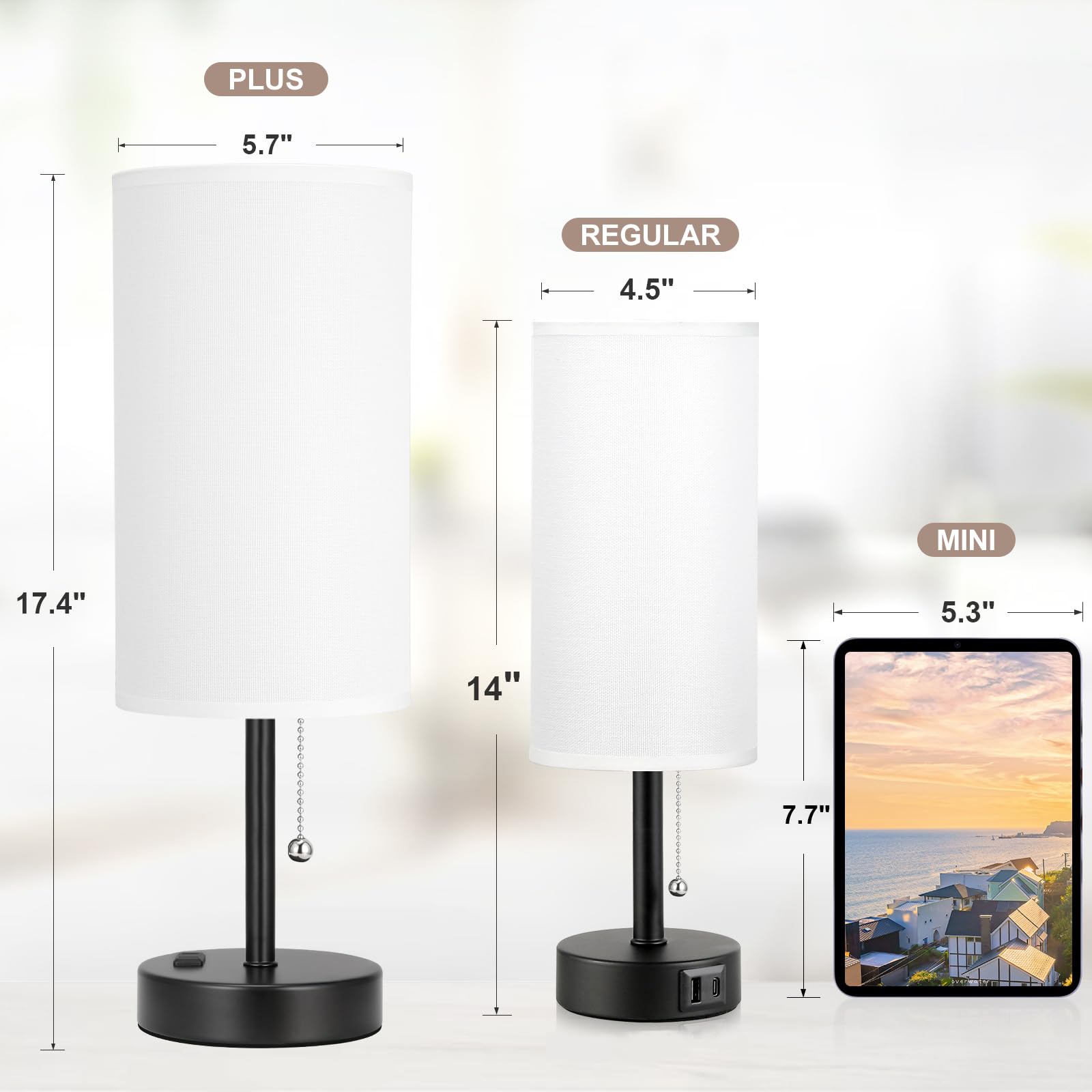 17.4Inches White Bedside Lamp For Bedroom Nightstand - Tall Lamp With Usb A + C Charging Port & Ac Outlet, 3 Color Temperatures