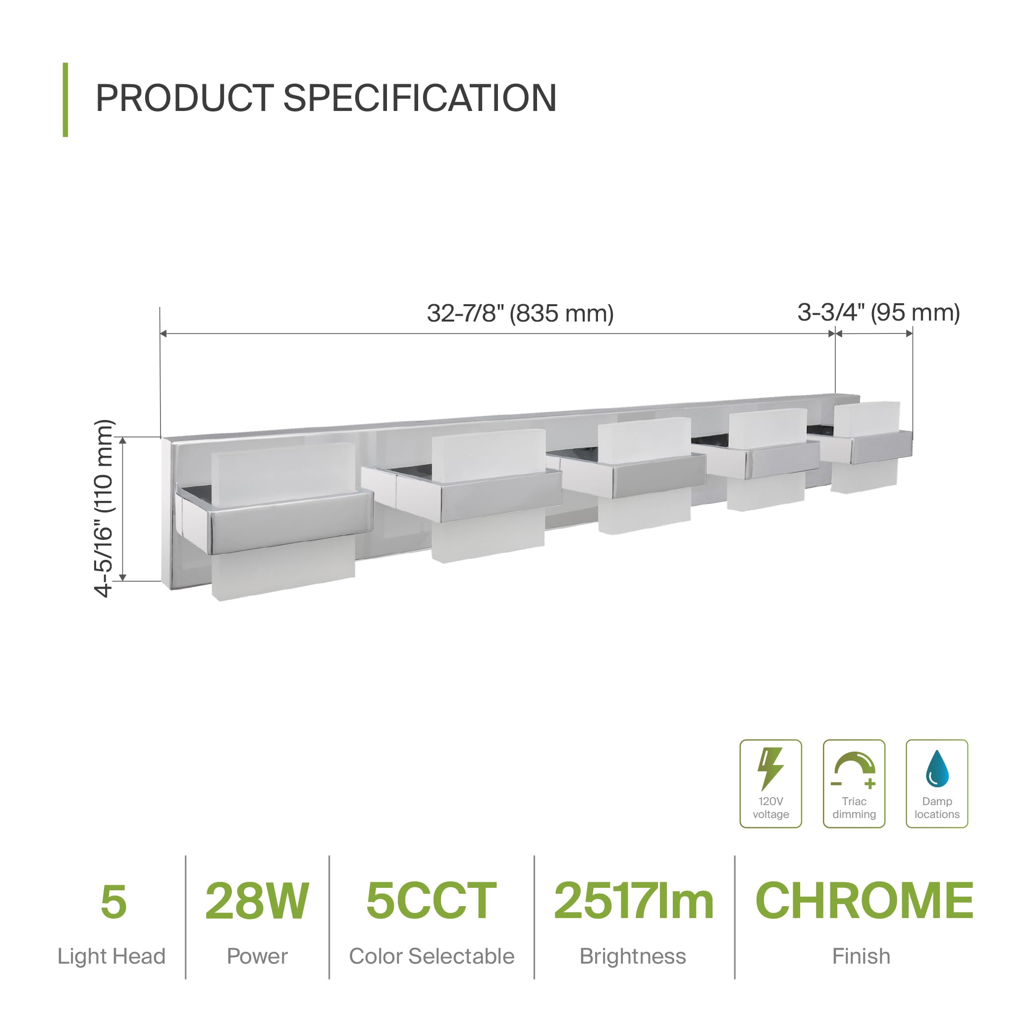 ASD LED Bathroom Vanity Light 5-Lights Dimmable 28W 2500LM 2700-6000K Chrome A-LVF26M-5D28CH