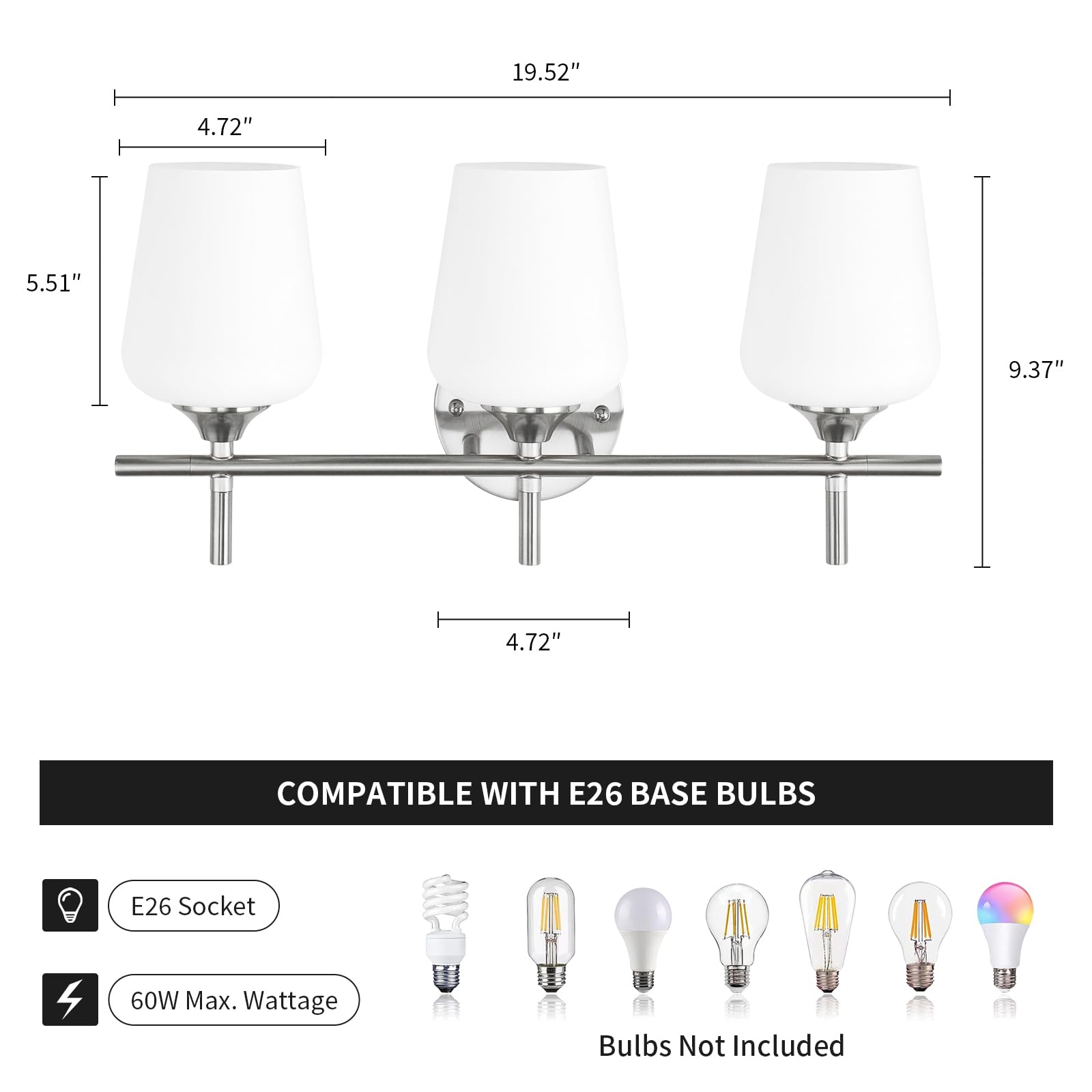 foucasal Bathroom Light Fixtures 3-Light Brushed Nickel with Milk Glass Shade, Modern Vanity Wall Light