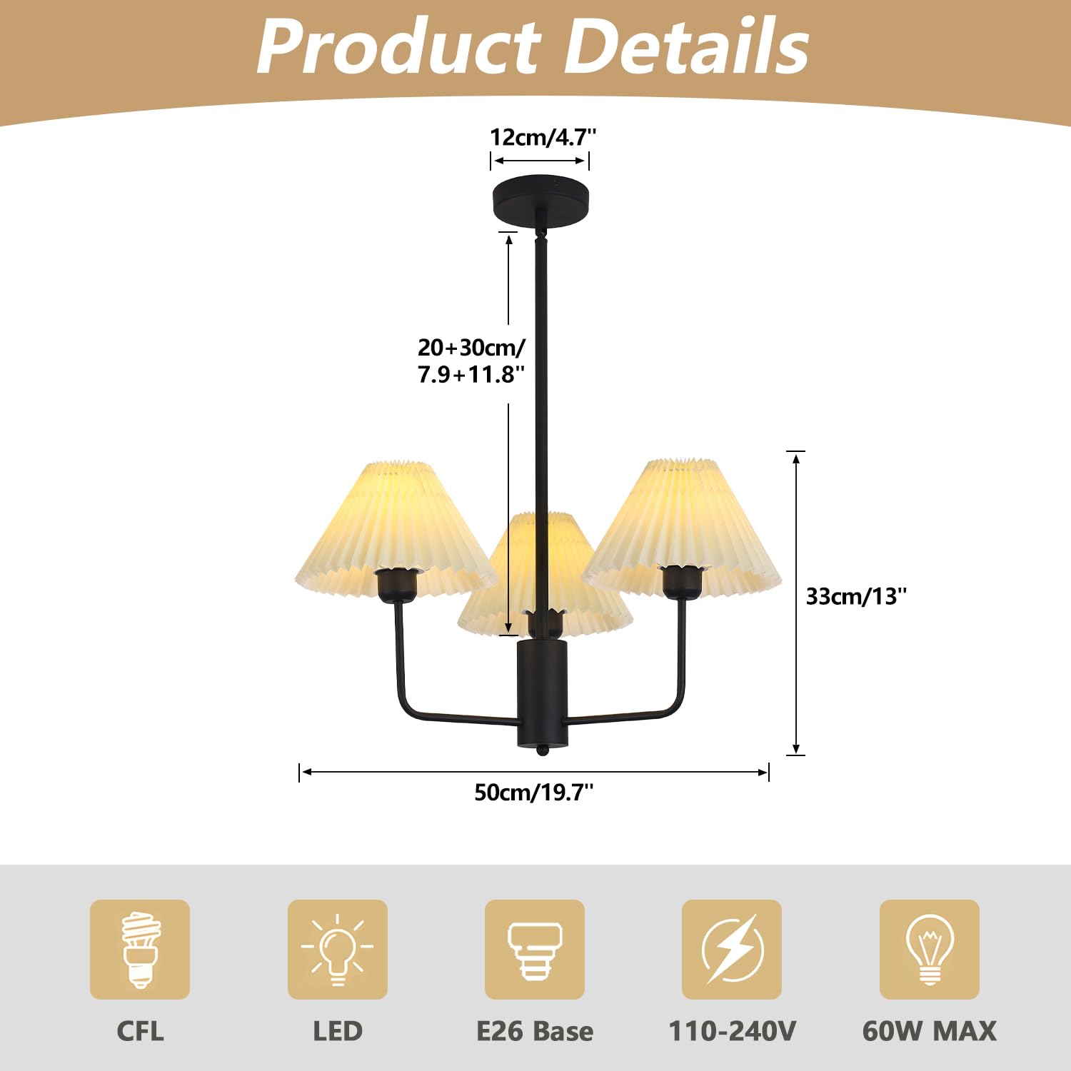 Kco Lighting Transitional Pleated Chandelier Mid Century Modern Sputnik Chandelier Black 3 Light Chandelier Ceiling Light White