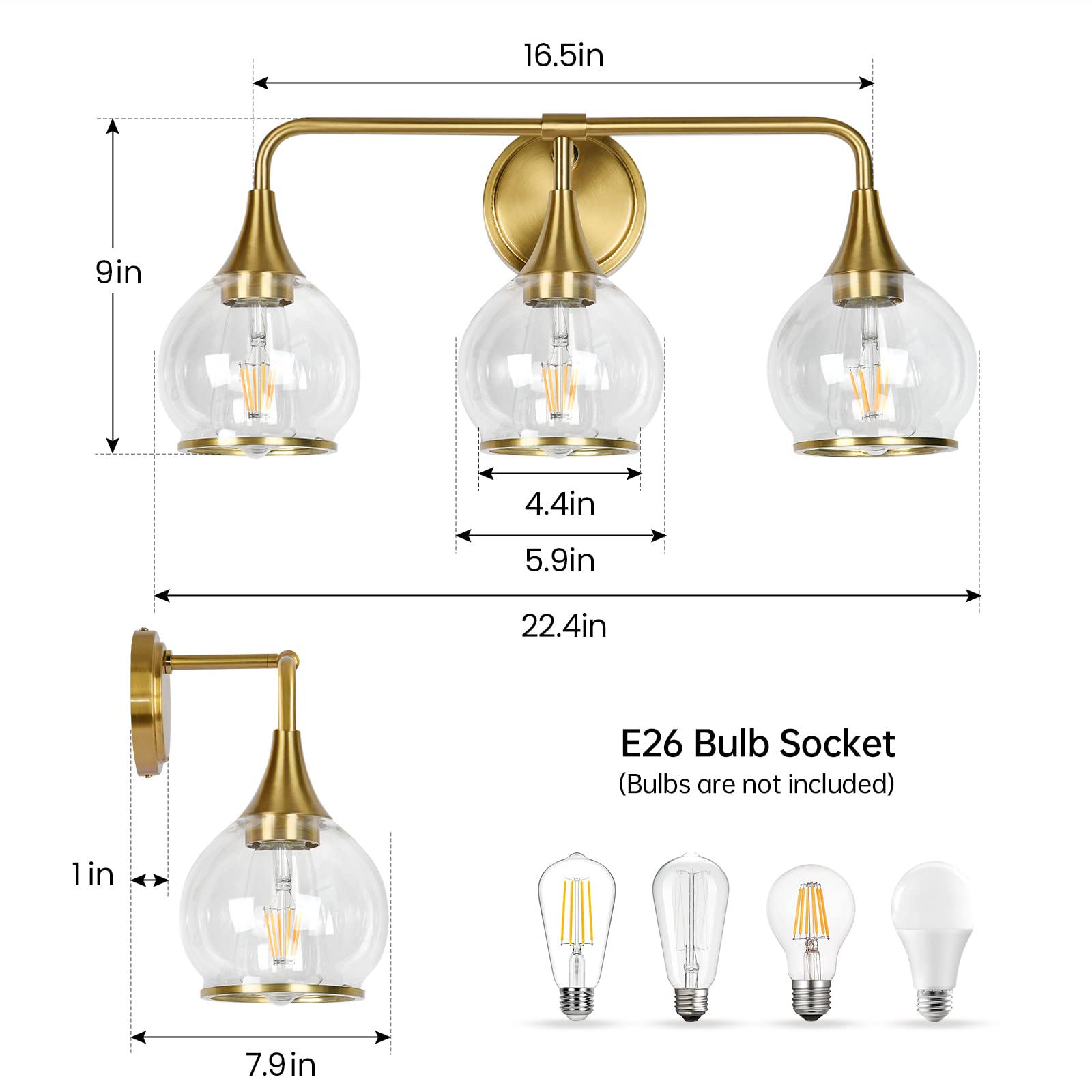 Hahzt Gold Bathroom Vanity Light 3-Lights Bathroom Light Fixtures Over Mirror With Clear Glass Shade 22.4 Inch Wall Sconce Light