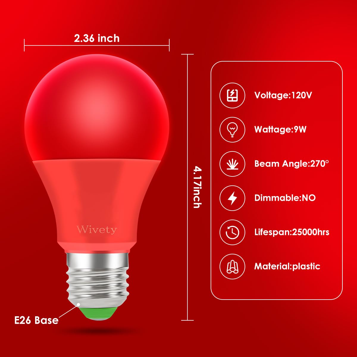 Wivety Red Light Bulb, A19 E26 Base, 9W Led Red Lightbulbs For Outdoor Porch, Indoor Party Decoration, Holiday Lighting, Hallowe