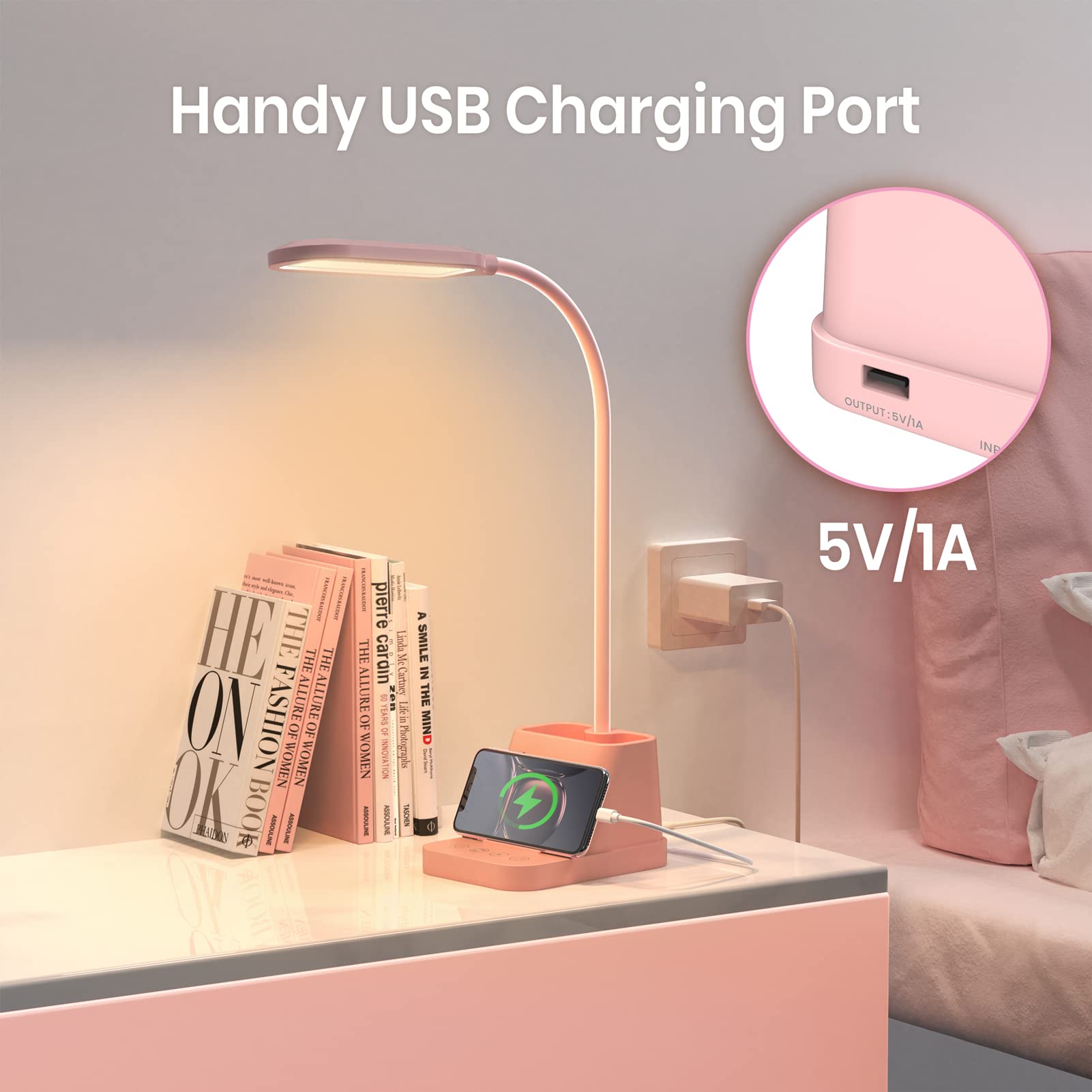 Axx Pink Desk Lamp For Kids, Cute Study Table Light For Bedrooms, Kawaii, Usb Charging Port, Small, Led, 650Lm, Room College Dor
