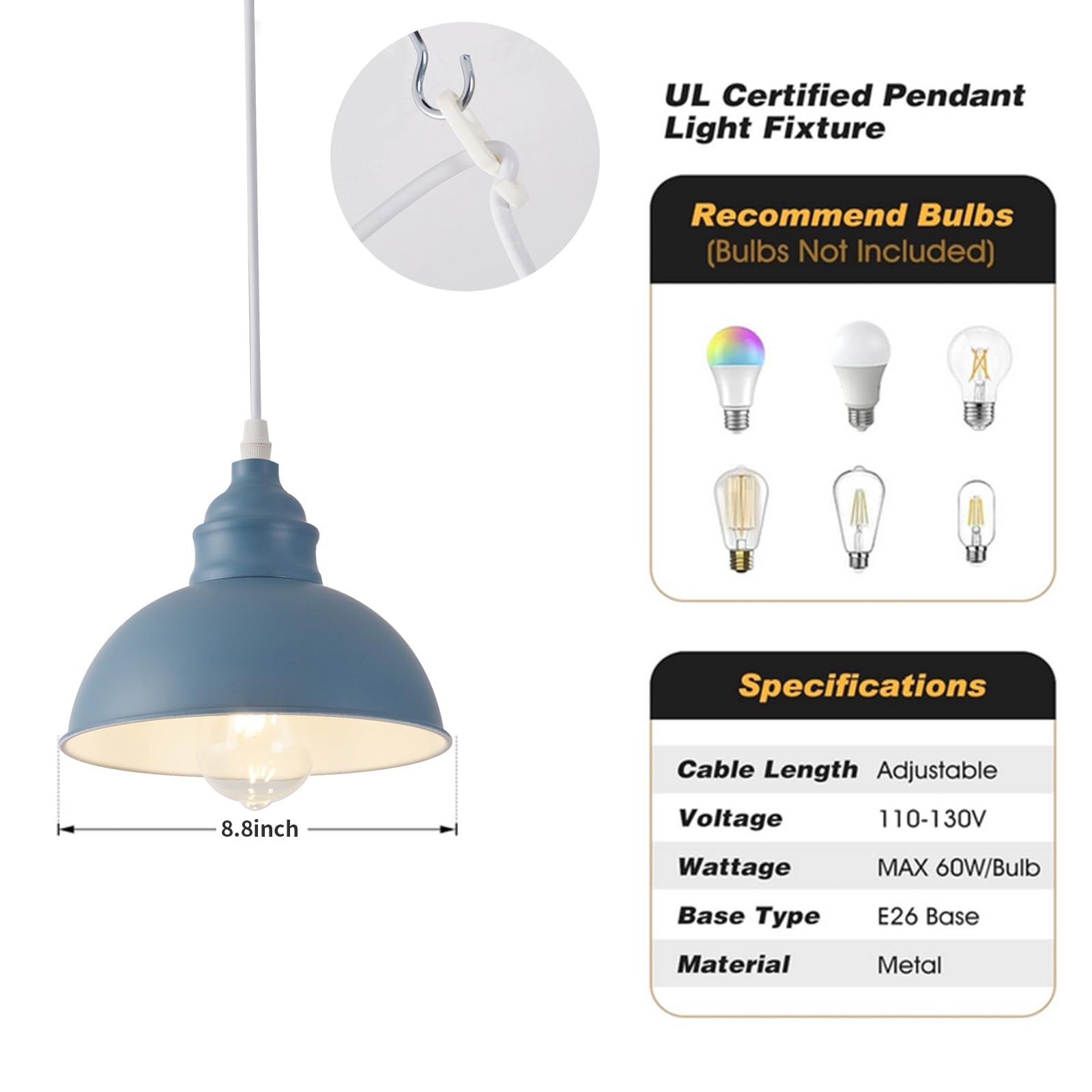 SoodMi Plug-in Pendant Light, Industrial Metal Hanging Lamp with On/Off Switch, 15FT Cord, Blue, Model PDL-012