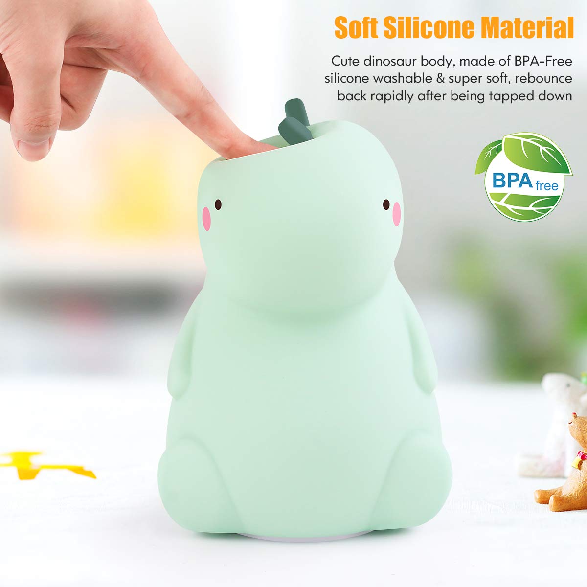VSATEN Dinosaur Night Light - Color Changing Silicone LED Lamp, Portable Rechargeable, Green, Model DNL-003-G, Ideal for Kids' Rooms