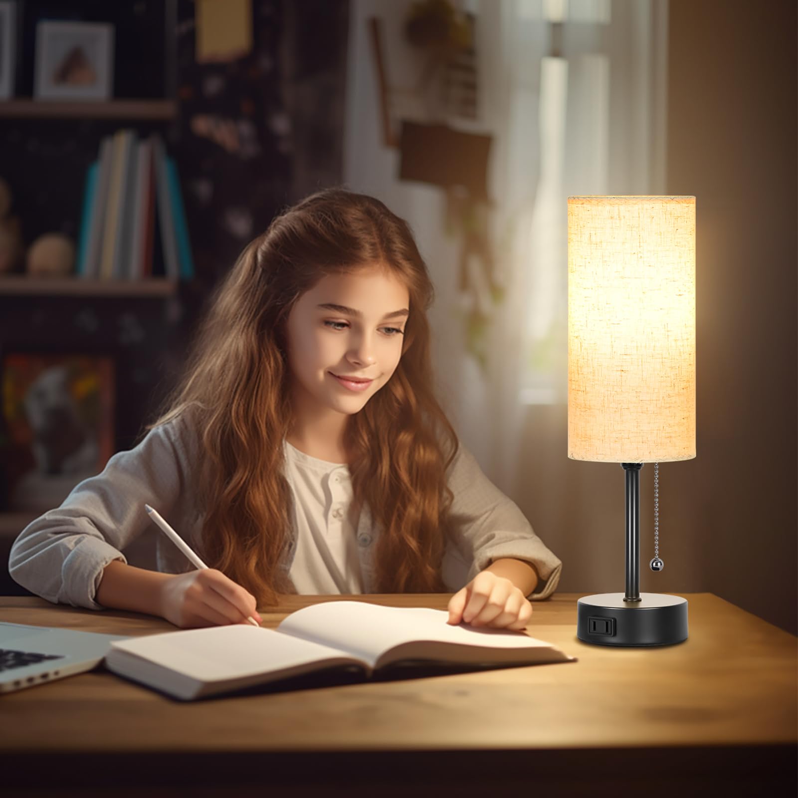 Dott Arts 15'' Table Lamp For Bedroom, 3-Color Bedside Lamps With Pull Chain, Bedroom Table Lamps For Nightstand,Ac Outlet Small