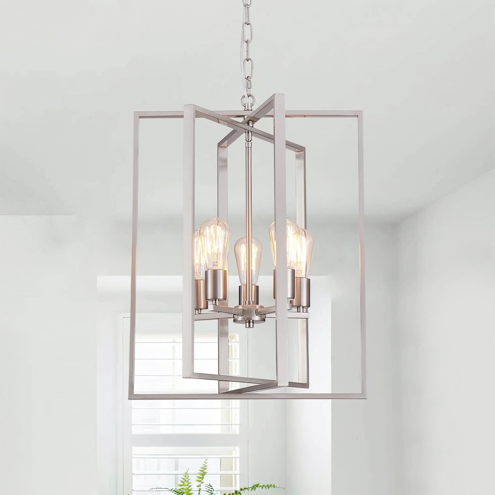 peskoe Brushed Nickel Chandelier 5-Light, Dining Room Light Fixture Geometric Metal Modern Pendant Lighting for Kitchen Island L