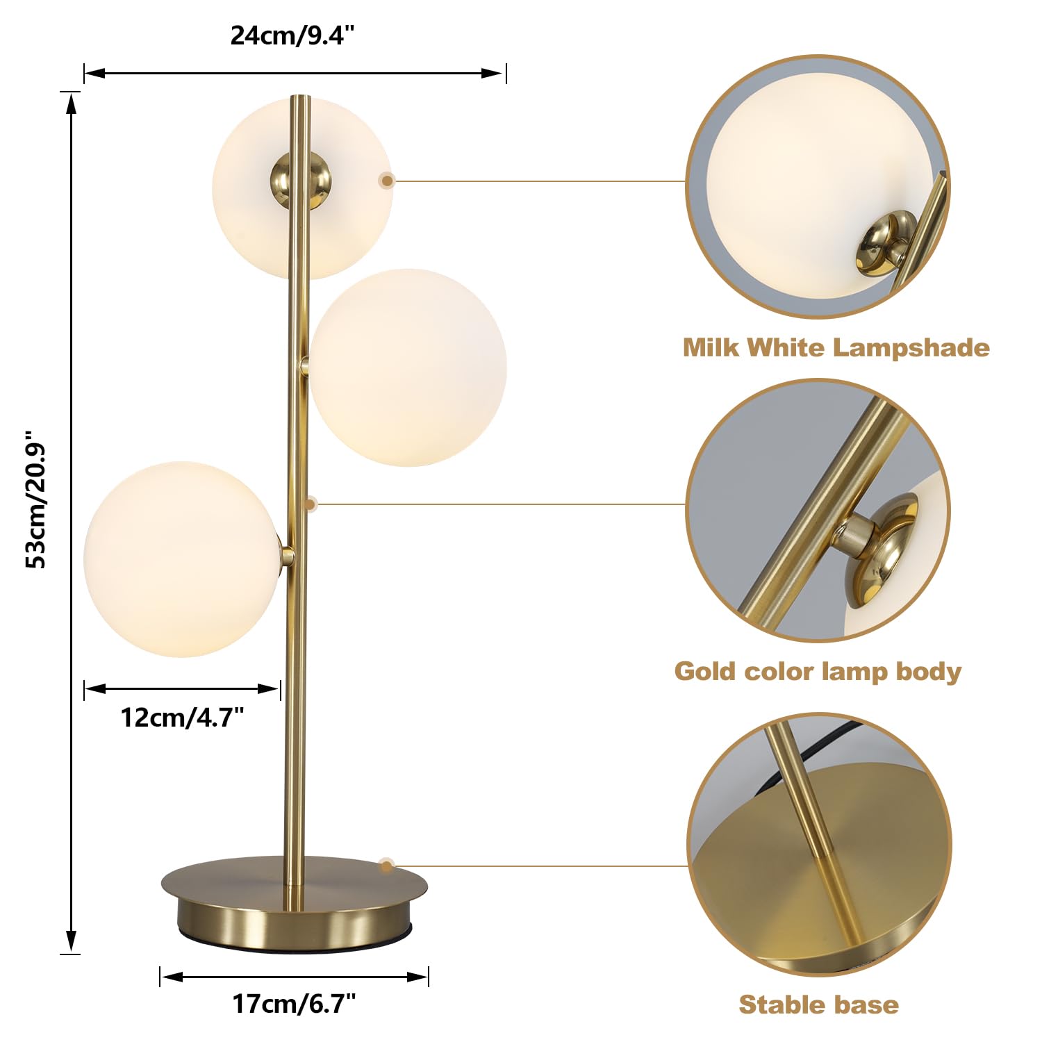 Fulesi Mid Century 3-Light Globe Table Lamp, Gold & White Glass, Modern Desk Lamp For Living Room