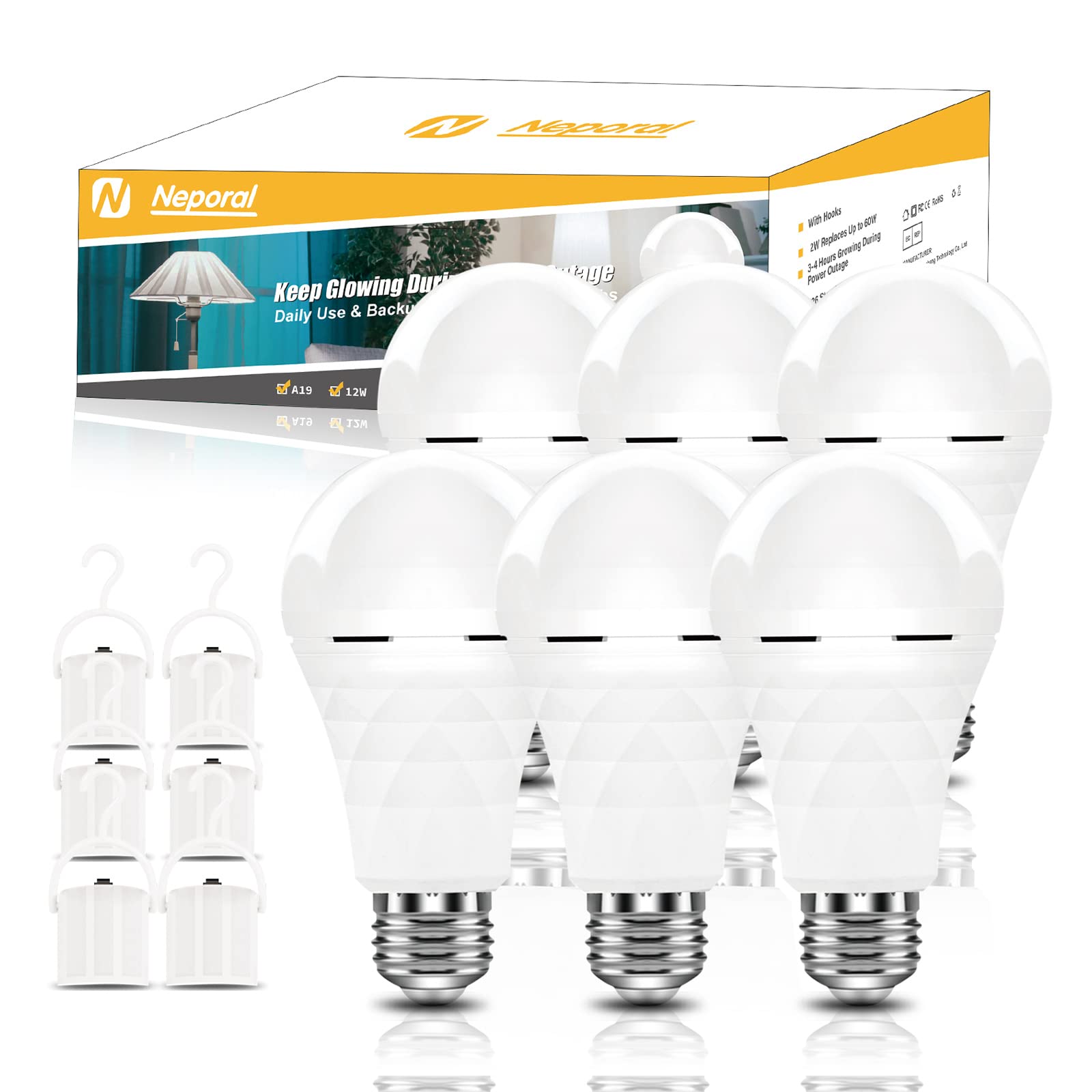 Neporal A19 Rechargeable Light Bulbs, Socket Rechageable Battery Backup For Power Outages, Emergenecy Light Bulbs For Power Fail