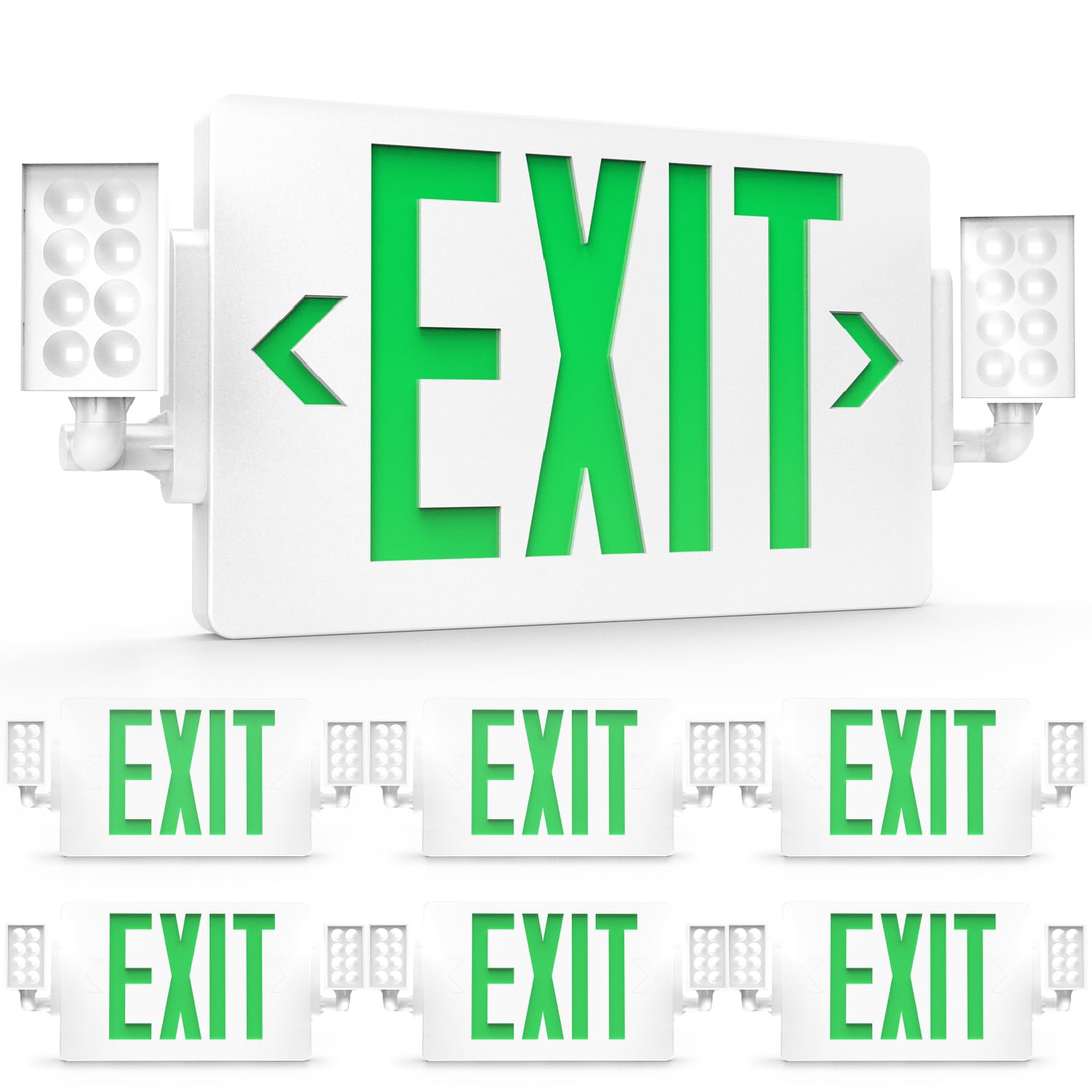 Sunco 6 Pack Green LED Exit Sign with Emergency Lights, Two Adjustable Head Lights, Backup Battery, 94V-0 Fire Resistant, 120-27