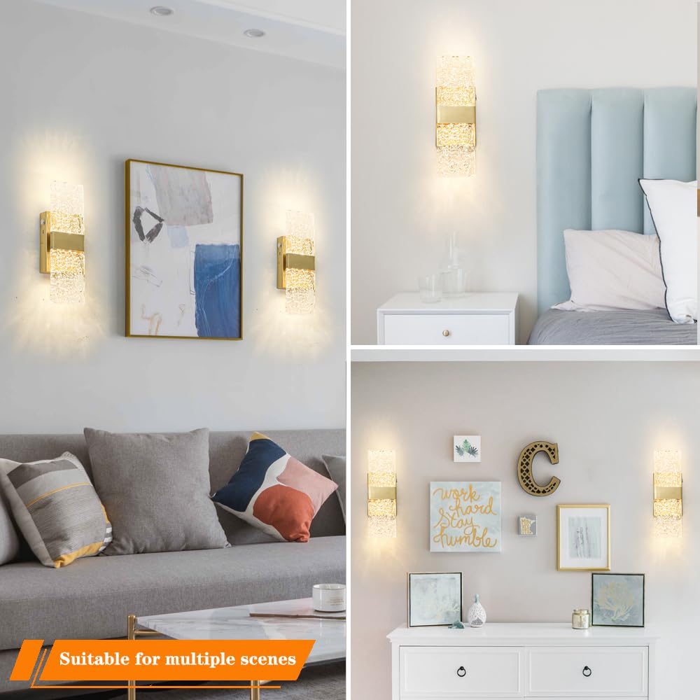 Ditoon Modern Brushed Brass Wall Sconce Set of Two, LED Crystal Lighting, 11.81" Gold Metal for Bedroom & Dining Room