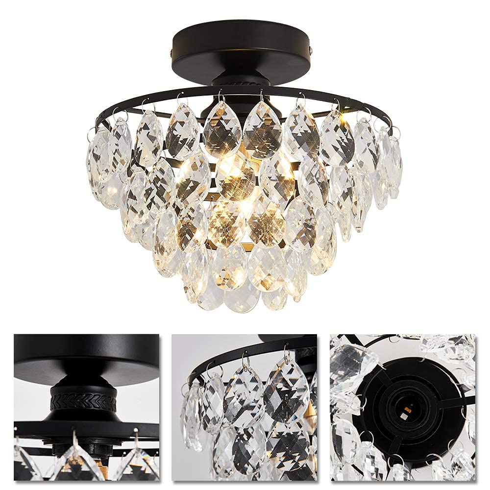 Yyjlx Modern Small Crystal Ceiling Light Fixture Mini Black Semi Flush Mount Chandelier Light Fixture For Hallway Bedroom Bathro