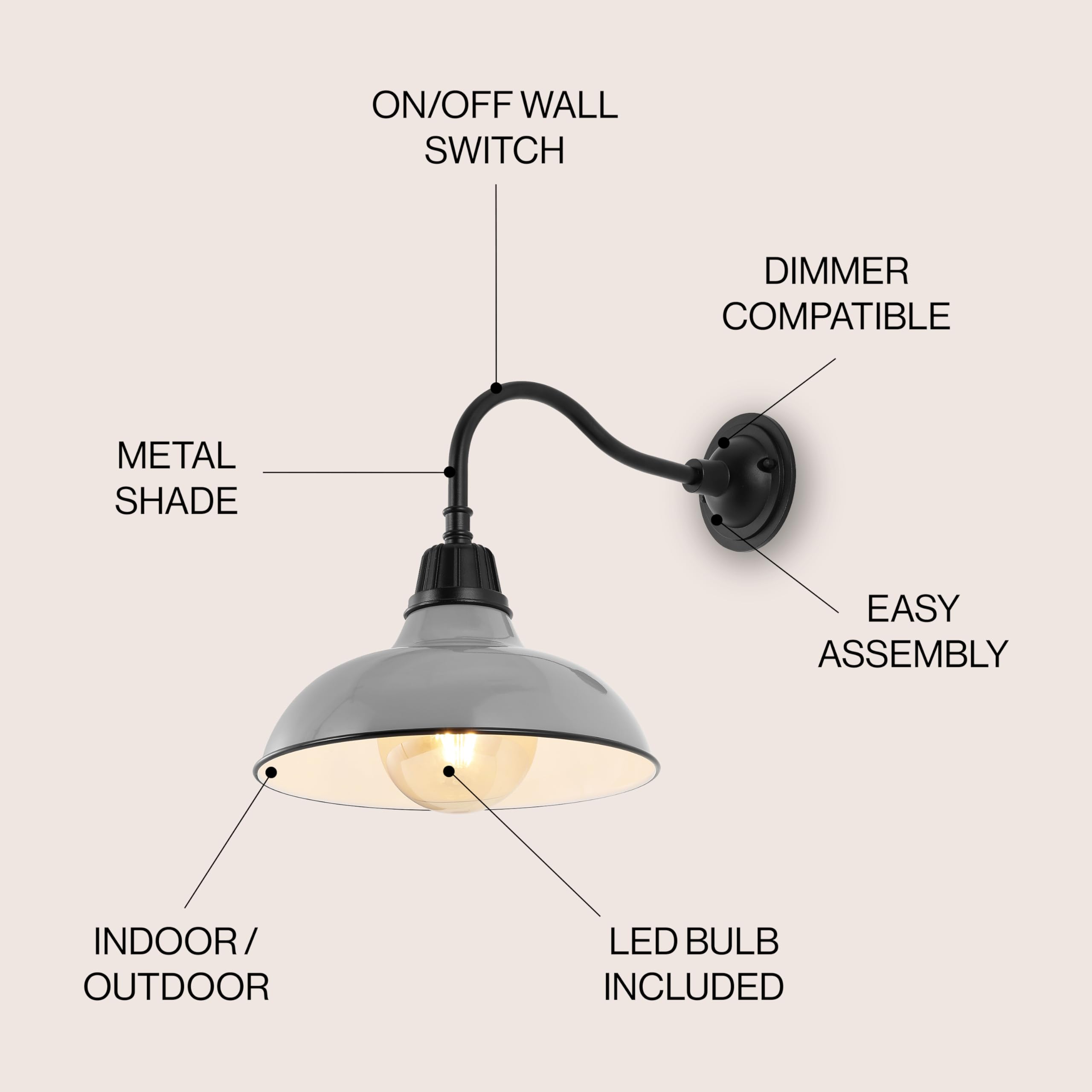 JONATHAN Y Gooseneck Arm Outdoor Sconce 12.25in Metal Bowl Shade Gray/Black Model JYL7613D Vintage Rustic Barn Lighting