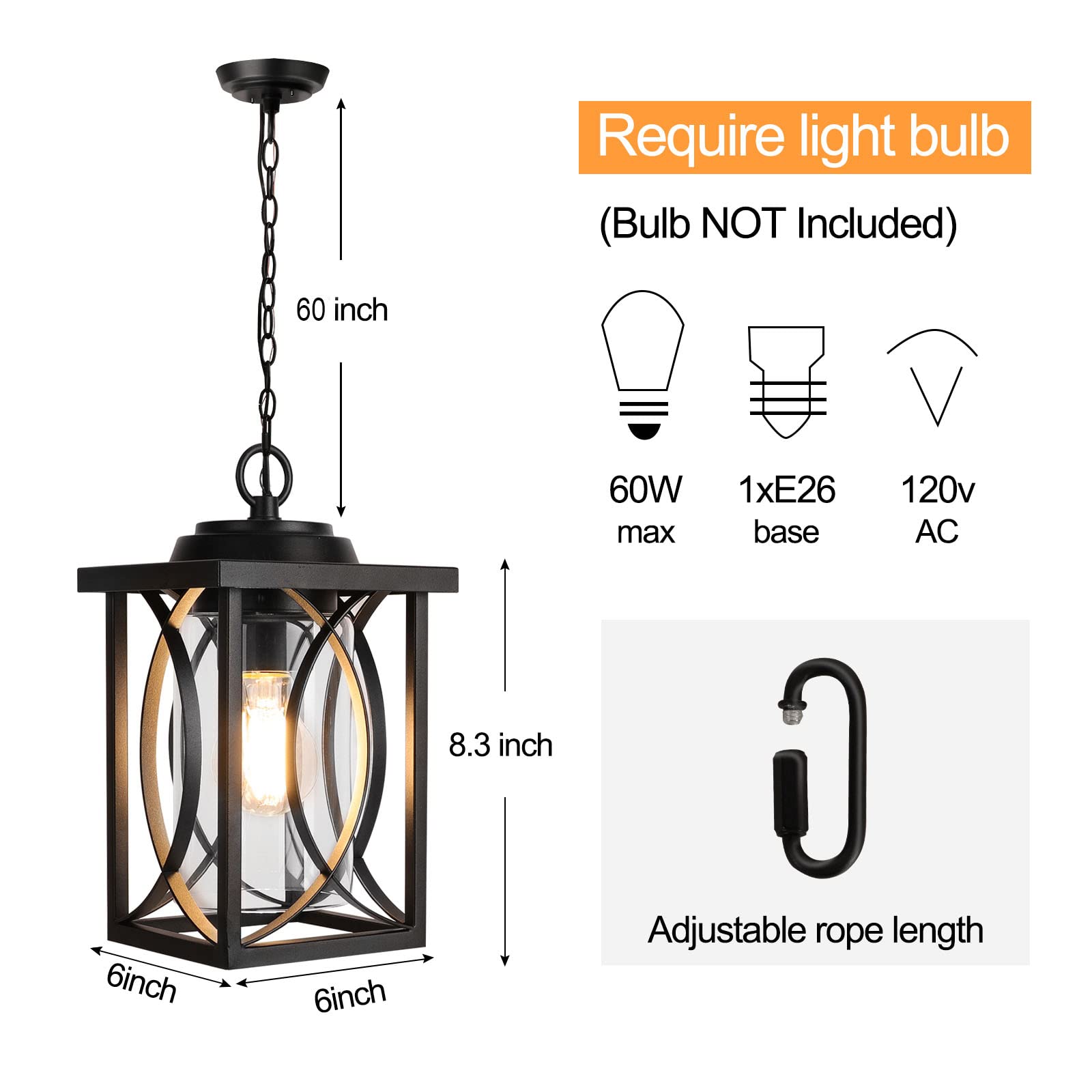 Partphoner Outdoor Pendant Light Fixture, Modern Black Exterior Hanging Lantern Anti-Rust Metal Hanging Lights With Clear Glass
