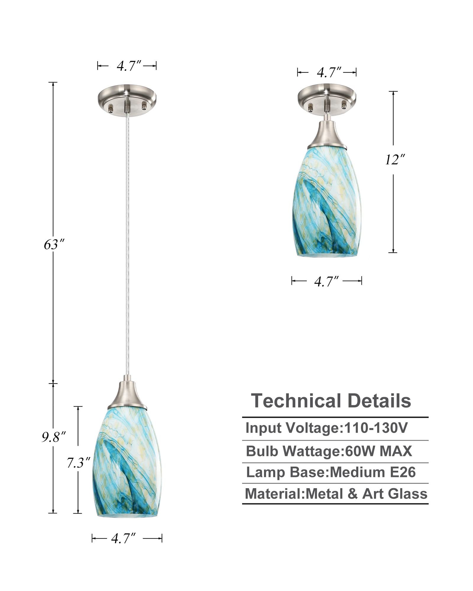 Art Glass Mini Pendant Lights For Kitchen Island Blown Art Glass Pendant Light Shade Hanging Ceiling Lights With Brushed Nickel