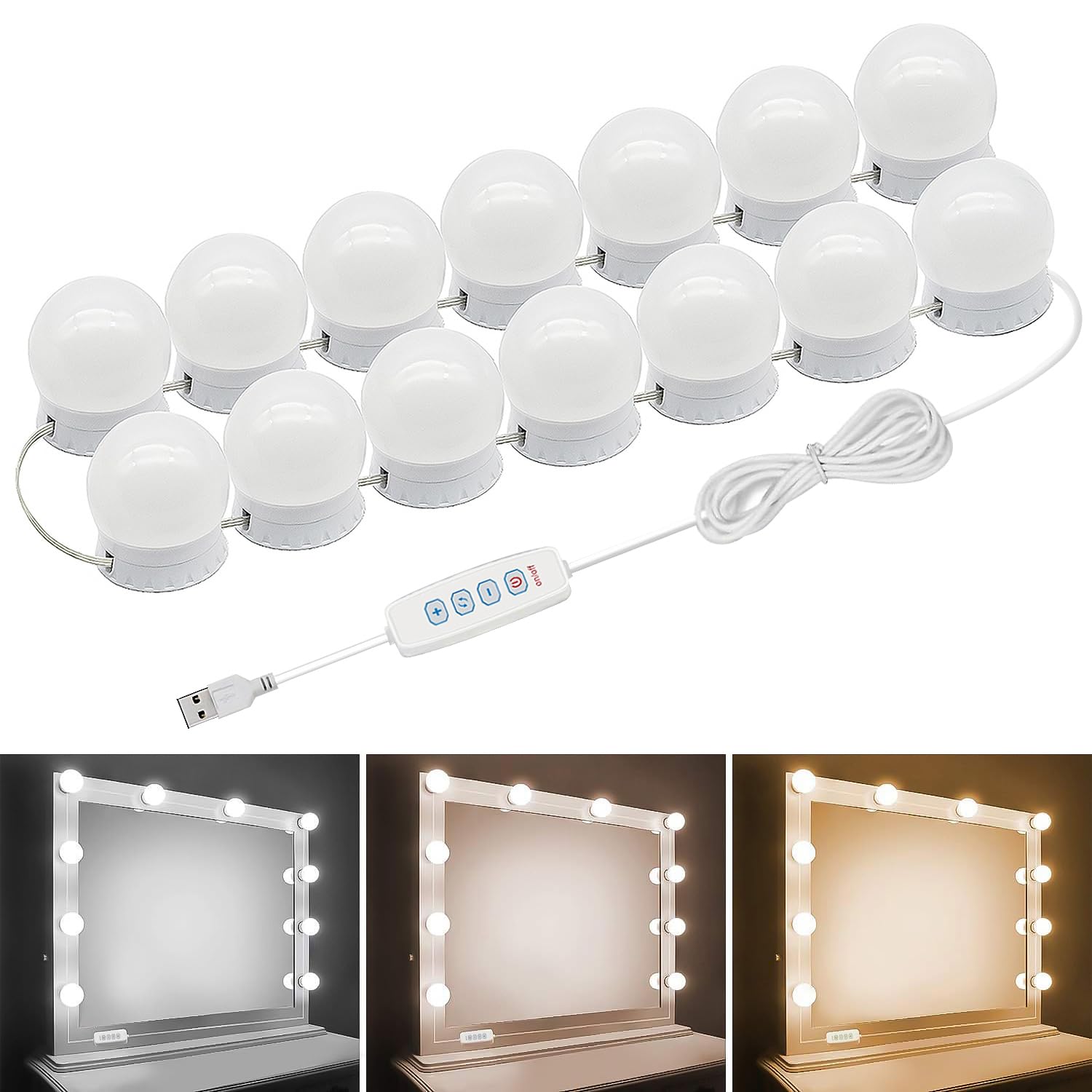 Pretmess Led Vanity Lights For Mirror, Hollywood Style Vanity Lights With 14 Dimmable Bulbs, Adjustable Color & Brightness, Usb
