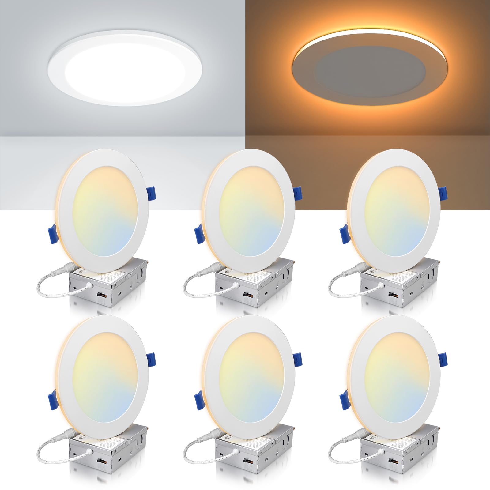 ECOELER 6 Inch 5CCT LED Recessed Ceiling Light with Night Light, 2700K/3000K/3500K/4000K/5000K Selectable Canless Recessed Light