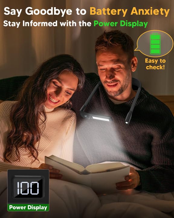 EastPin Upgraded Neck Reading Light - 80Hrs Rechargeable with Power Display & Timer, Black, Model GH-9, Perfect Gift for Book Lovers