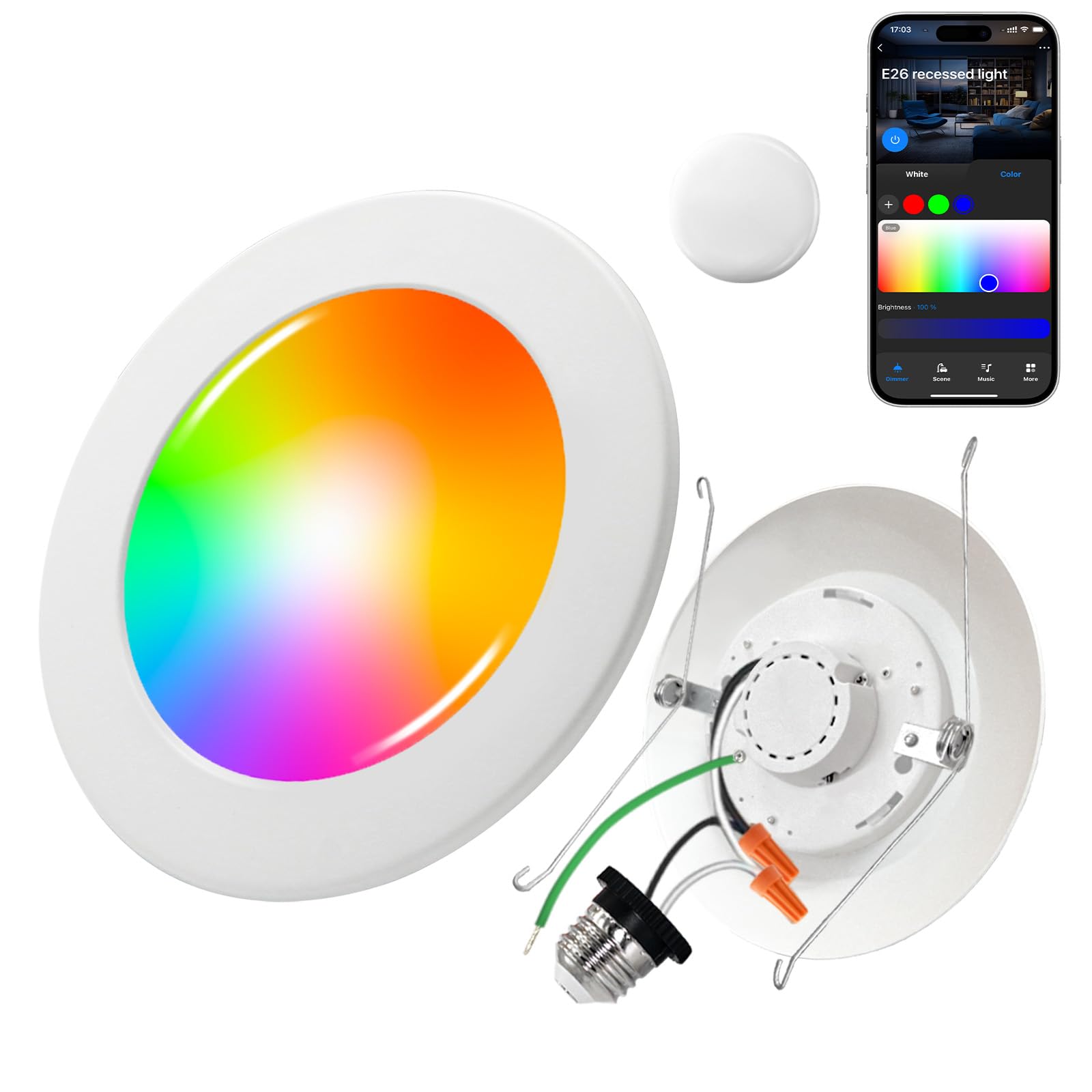 Peteme Smart Led Flush Mount Disk Light, Smart Recessed Lighting 5/6 Inch, IC Rated ETL Certified, RGBWW Color Changing Dimmable