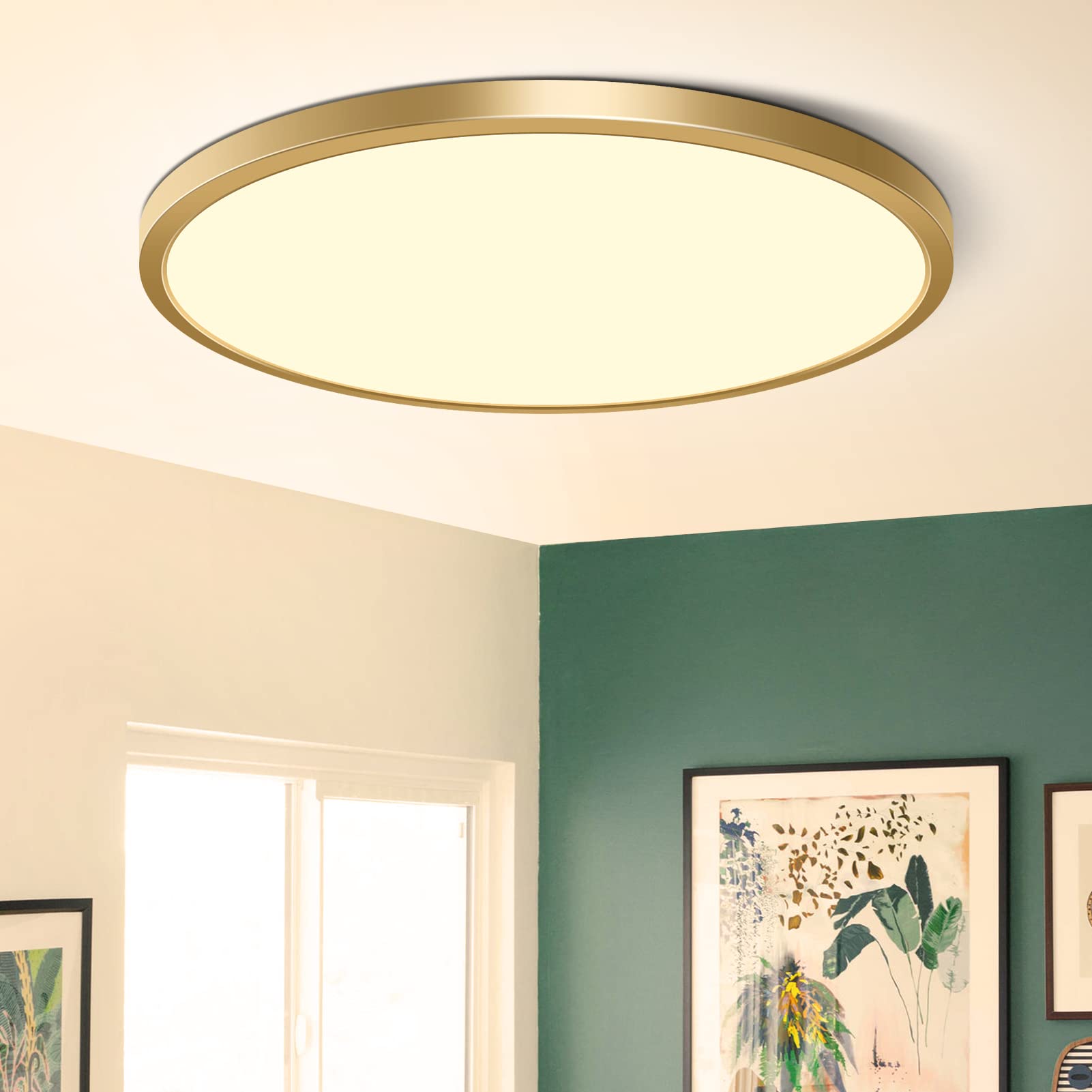 15.7Inch LED Flush Mount Ceiling Light Fixture   32W(320W Equivalent)  3800LM  3000K Warm White  IP40  Flat Modern LED Ceiling Lights for Bedrooms  Living Rooms  Bathrooms  Stairwells  etc.(Gold)