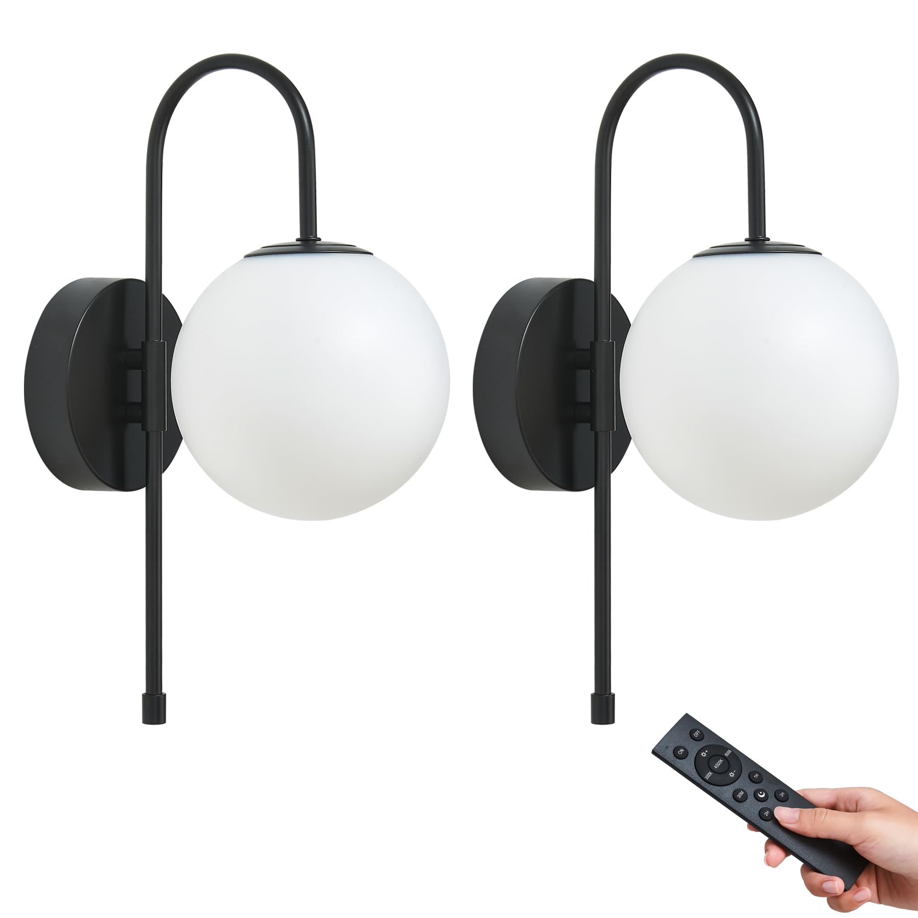 MSTETO Battery Operated Globe Wall Sconces Set of 2, Wireless Black Wall Lights with Remote Control, Rechargeable 3 Color Steple