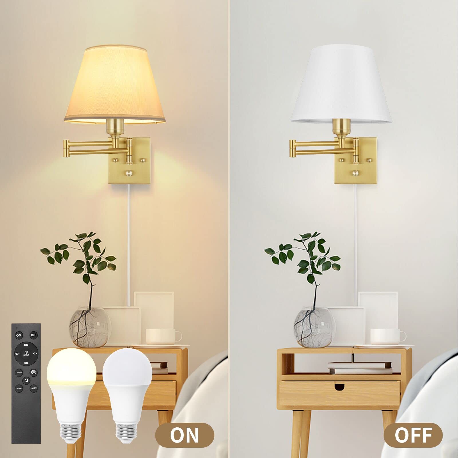 TRLIFE Dimmable Wall Sconce, Remote Control, Adjustable Color Temp 2700K-6500K, Medium Size, Brushed Brass, 2 Pack