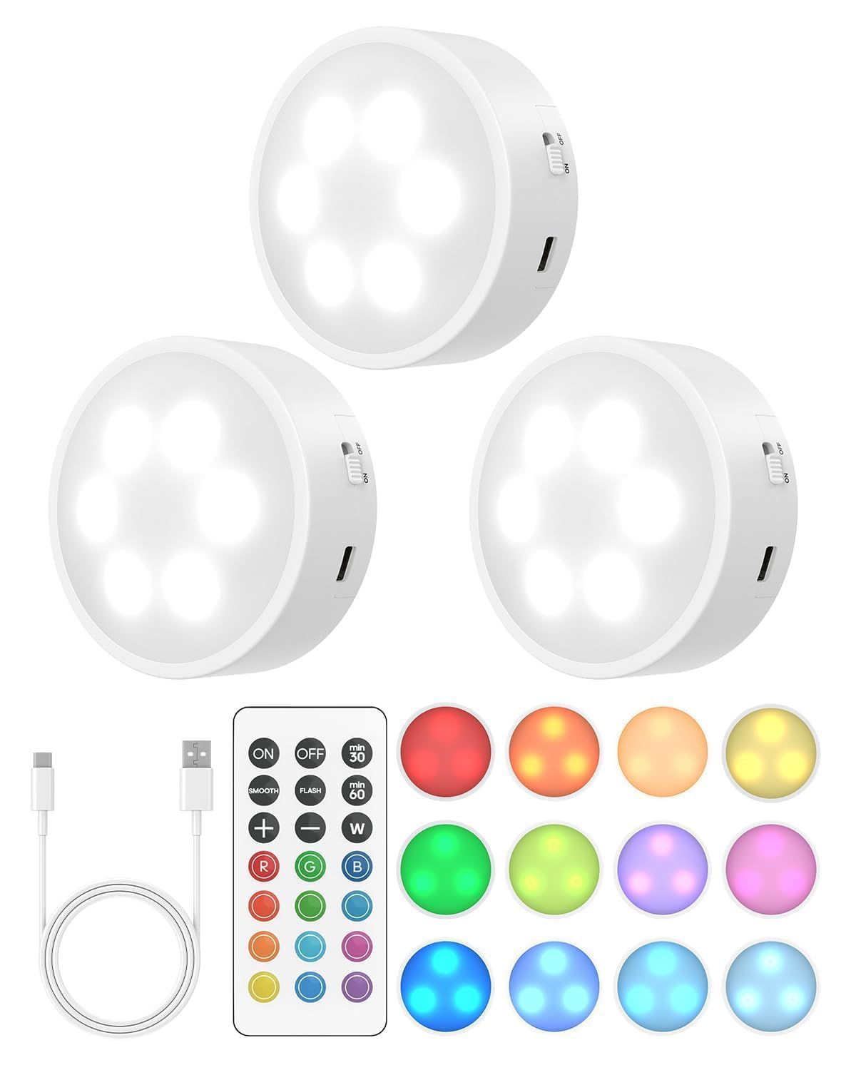 GOODEA.fun Puck Lights with Remote, 13 RGB Colors, Rechargeable, 3 Pack, White & RGB, Model GDCL006, Under Cabinet Lighting