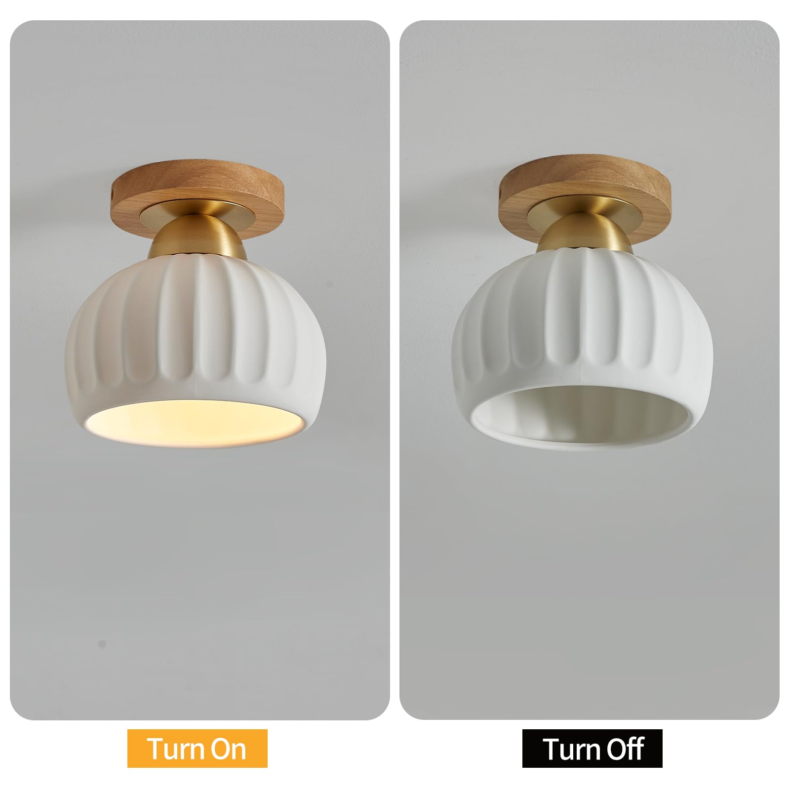 Fetason 2 Pack Vintage Gold Ceramic Flush Mount Ceiling Lights, Wood Brass, YY910, Modern Fixtures for Dining Room & Hallway