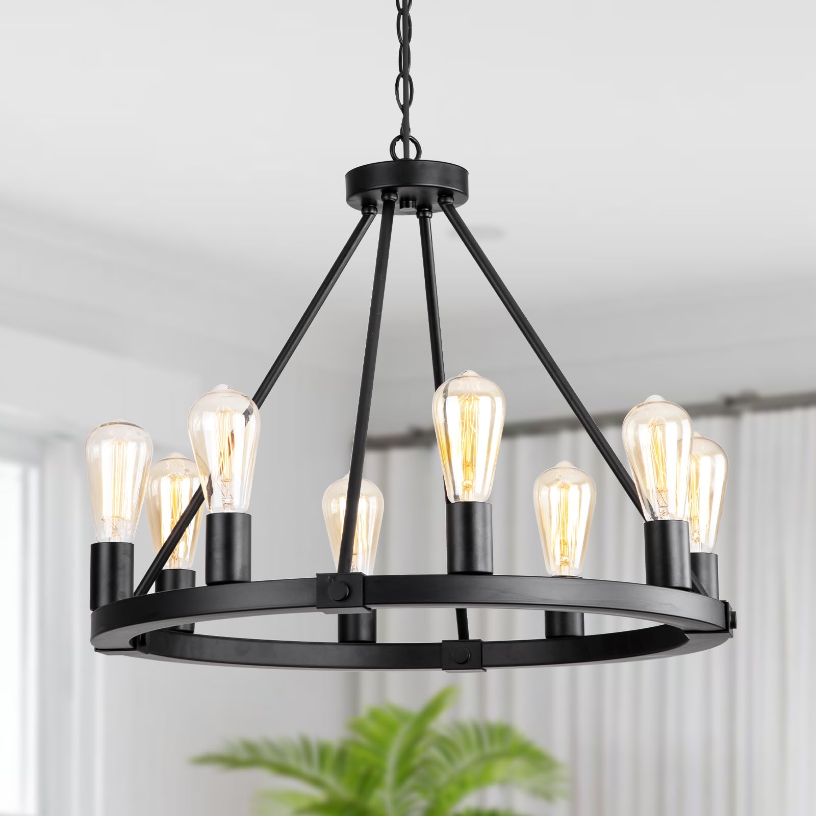 9Mmml 23.6&quot; 8 Lights Wagon Wheel Chandelier,Black Metal Round Industrial Vintage Kitchen Island Pendant Light For Living Dining Room Foyer Entryway,Height Adjustable,E26.
