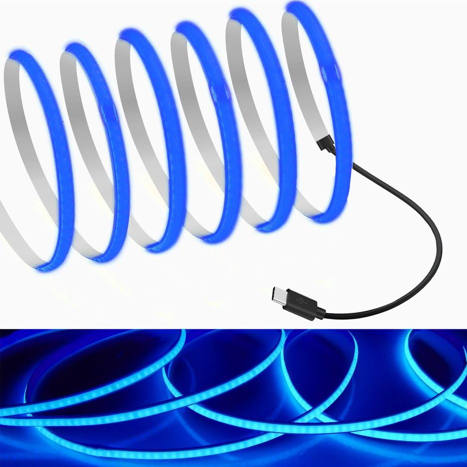 Mdee?Type C Cob Tape Light Led Strip 3.28Ft/1M- Flexible 5Mm Hidden Dc 5V Led Tape With 320 Leds/M For Blue Lighting. Cuttable  Shapeable  Type C Powered. Ideal For Kitchen  Office Decor