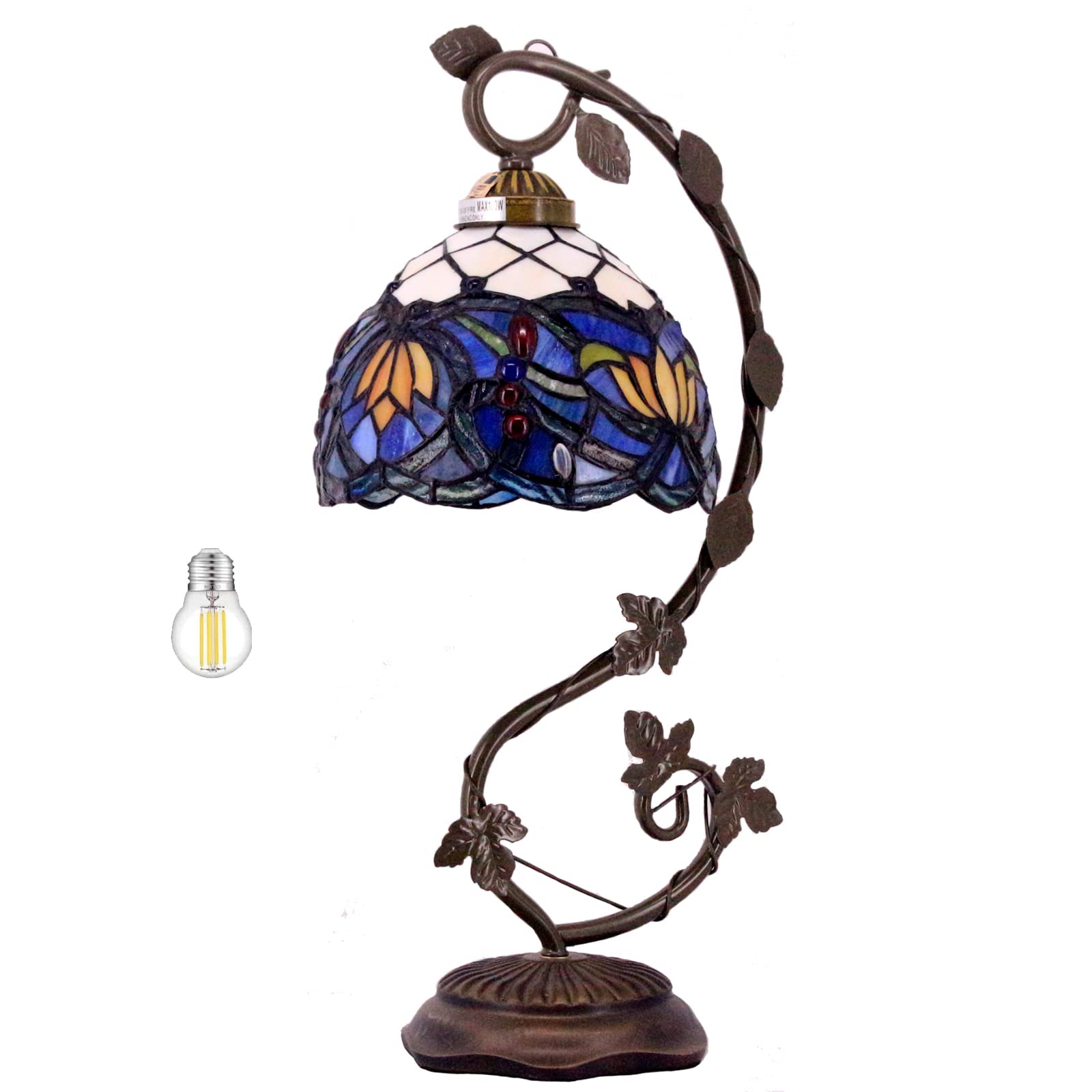 WERFACTORY Tiffany Table Lamp Blue Stained Glass Lotus 8X10X21 Inches Metal Leaf Base S220 Series