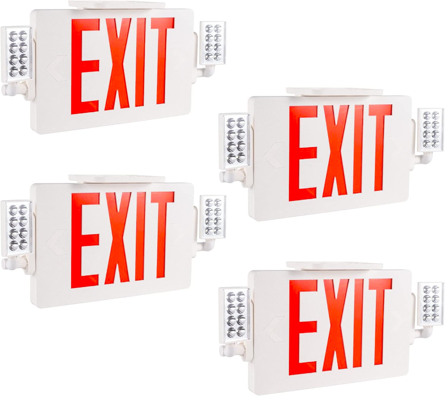 GRUENLICH LED Combo Exit Sign, Emergency Light, 2 Adjustable Heads, Double Face, UL 924, 4-Pack, White, Model GR-EL008-4PK
