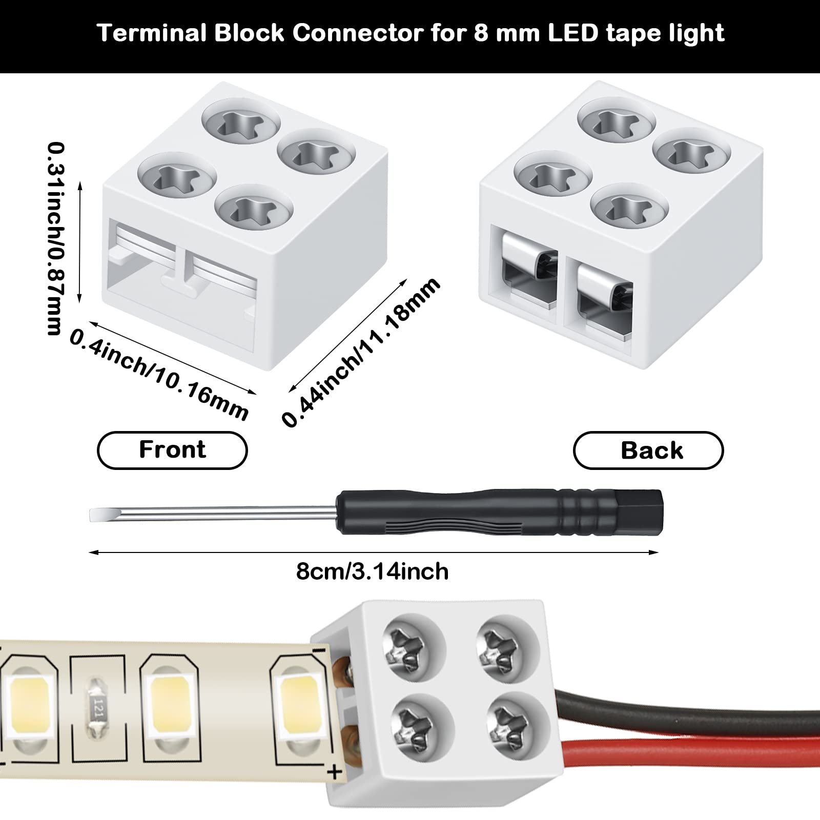 Flutesan 25 Pack Solderless Led Tape Light Connector 2 Pin Terminal Block Screw Down Led Strip Connector Tape To Wire For 5V 12V