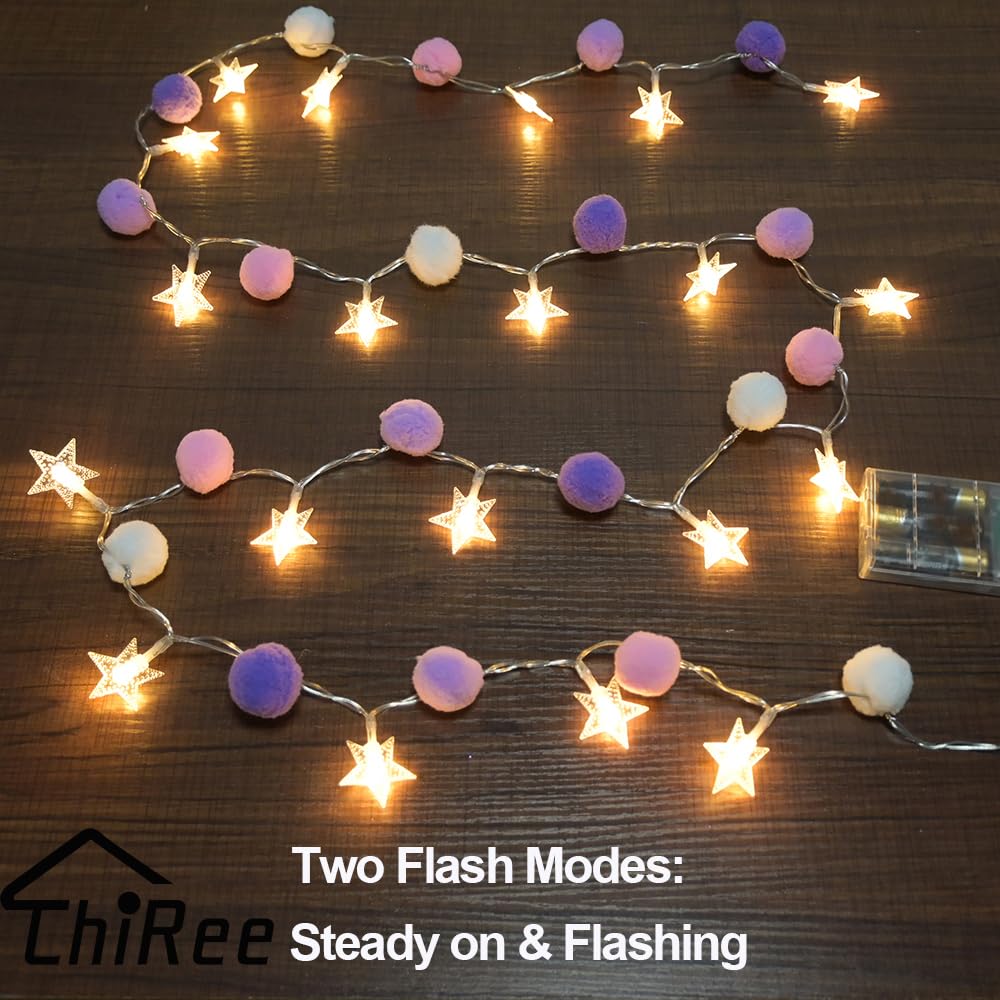 ChiRee Indoor String Lights, 20 LED Warm White Pom Poms, Battery Operated Fairy Lights, Colorful Decor for Home, Kids Playhouse, Model POM01