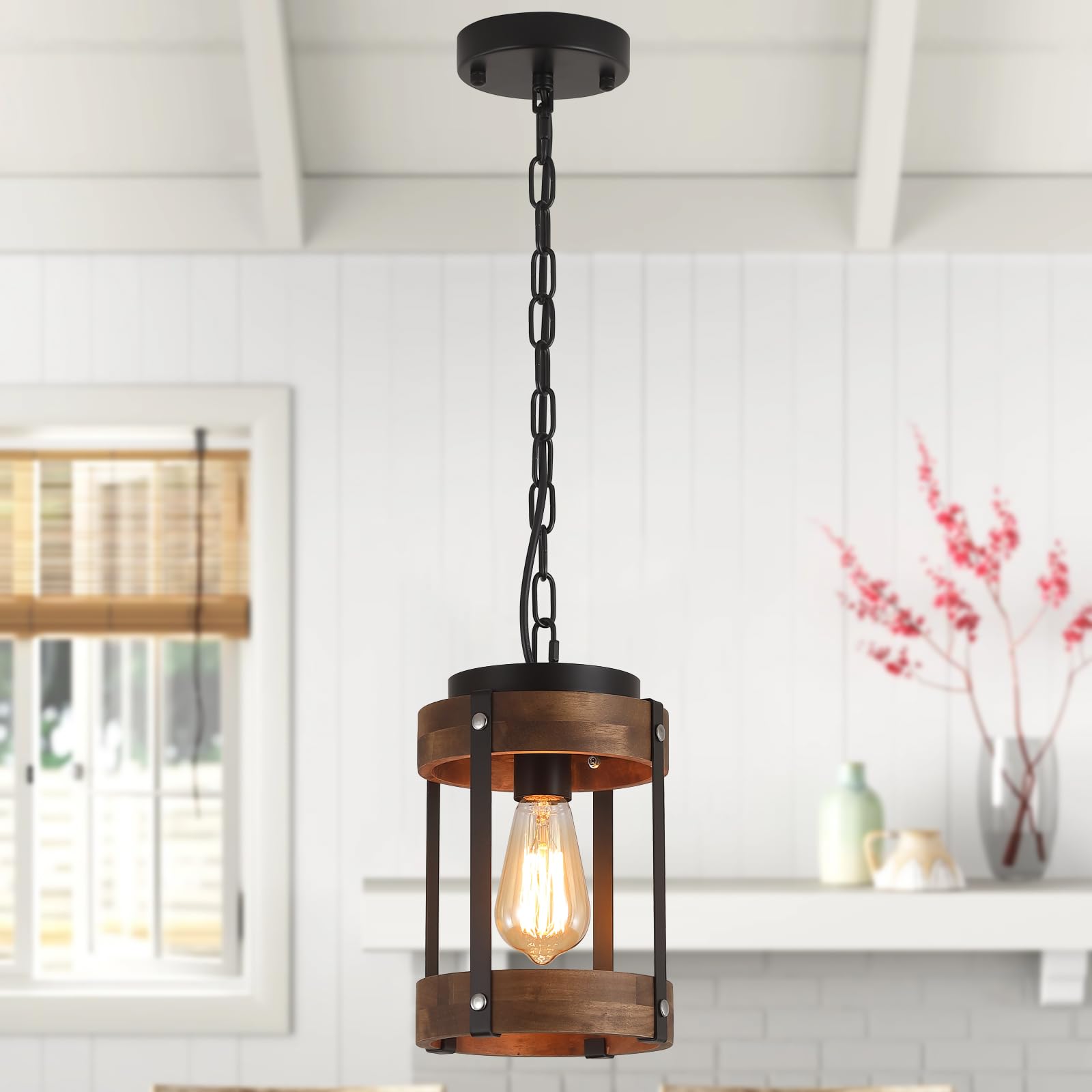 Rustic Farmhouse Wood Pendant Light Fixture One-Light Adjustable Chain Oak Wood And Metal Lantern Drum Small Pendant Lighting For Kitchen Island Sink Hallway Farmhouse Bathroom Bar  Black