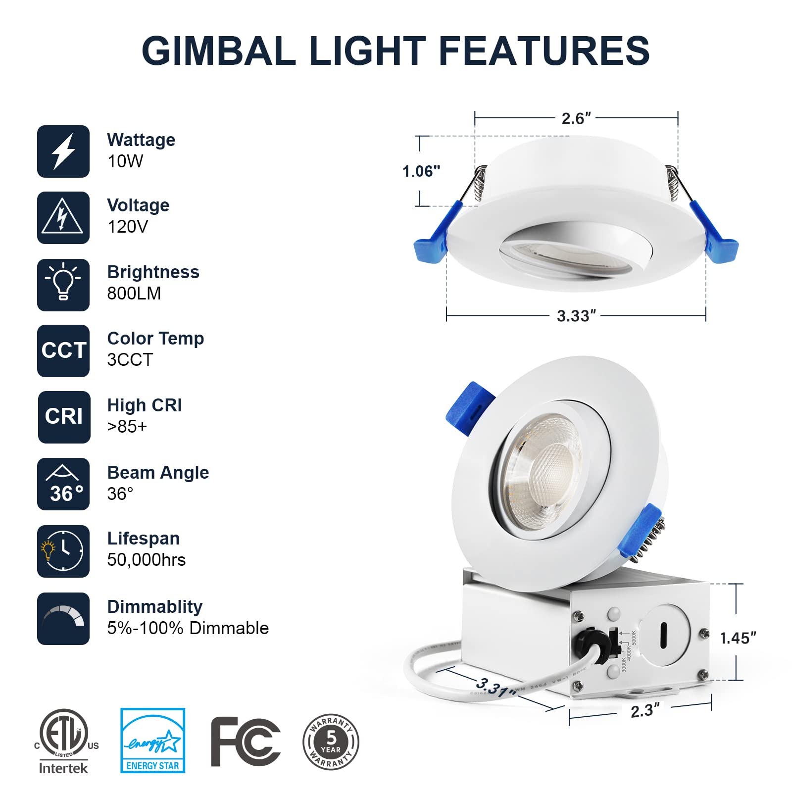 Sublimation 8 Packs 3 Inch Led Recessed Light,Waterproof Recessed Lights For Shower,Ultra-Thin 10W With Junction Box,3 Colors Adjustable,Suitable For Bathroom,Parlor,Bedroom,Kitchen,Balcony