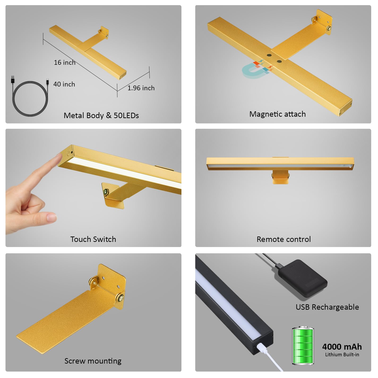 Vigmoj Rechargeable Picture Light,16In Metal Wireless Art Light Display Lamp With Remote,Dimmable And Timer Picture Lights For P