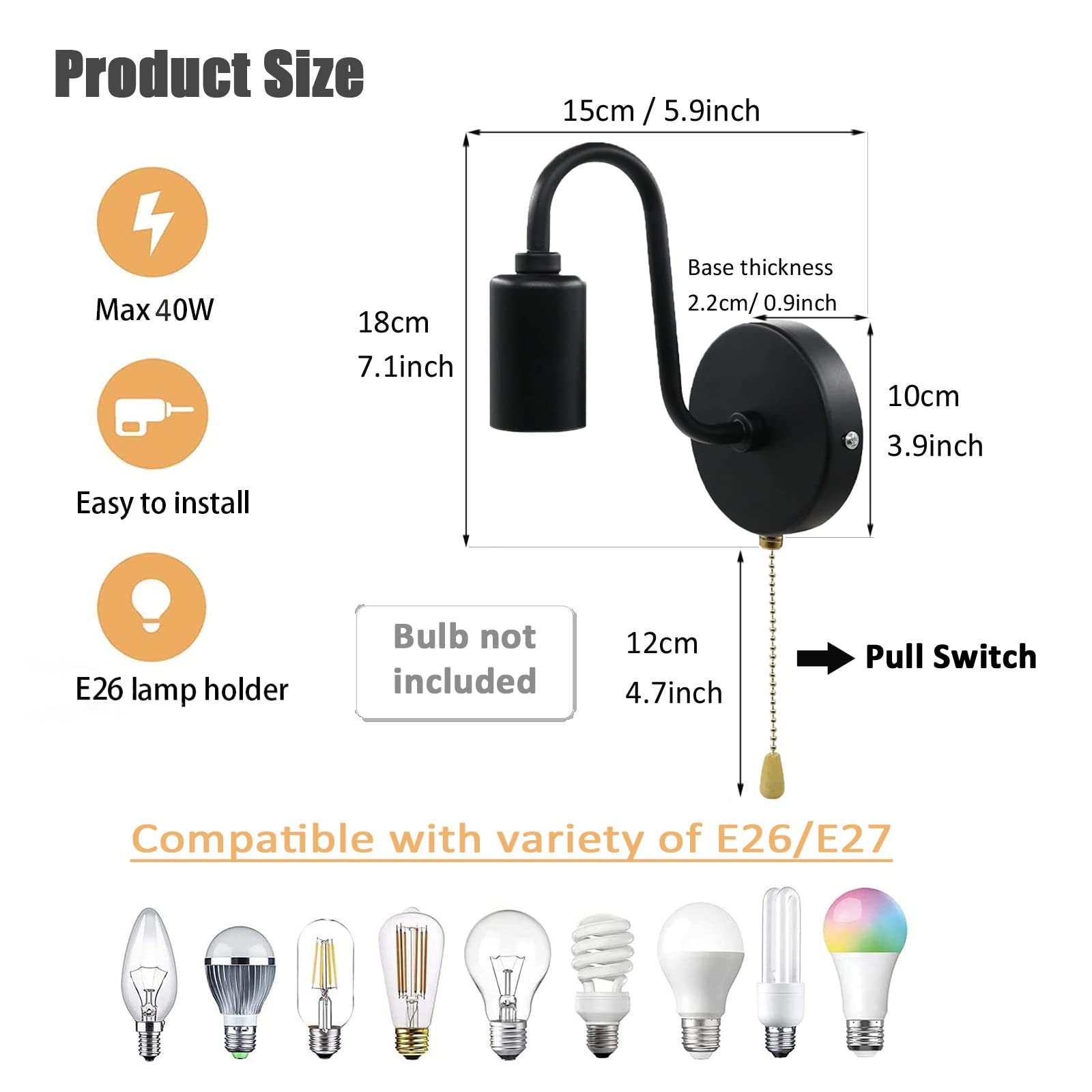 Jzcdr Vintage Pull Chain Wall Light Fixtures With On Off Switch, Hardwired Wall Sconce Set Of 2 Retro Black E26 Wall Sconces Indoor Wall Lamps For Bedrooms Living Room Kitchen
