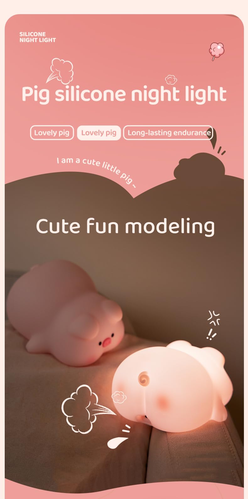 ATSUI Pig Night Light, Rechargeable Silicone Lamp, Adjustable Brightness, Pink, Model ATLE008AP