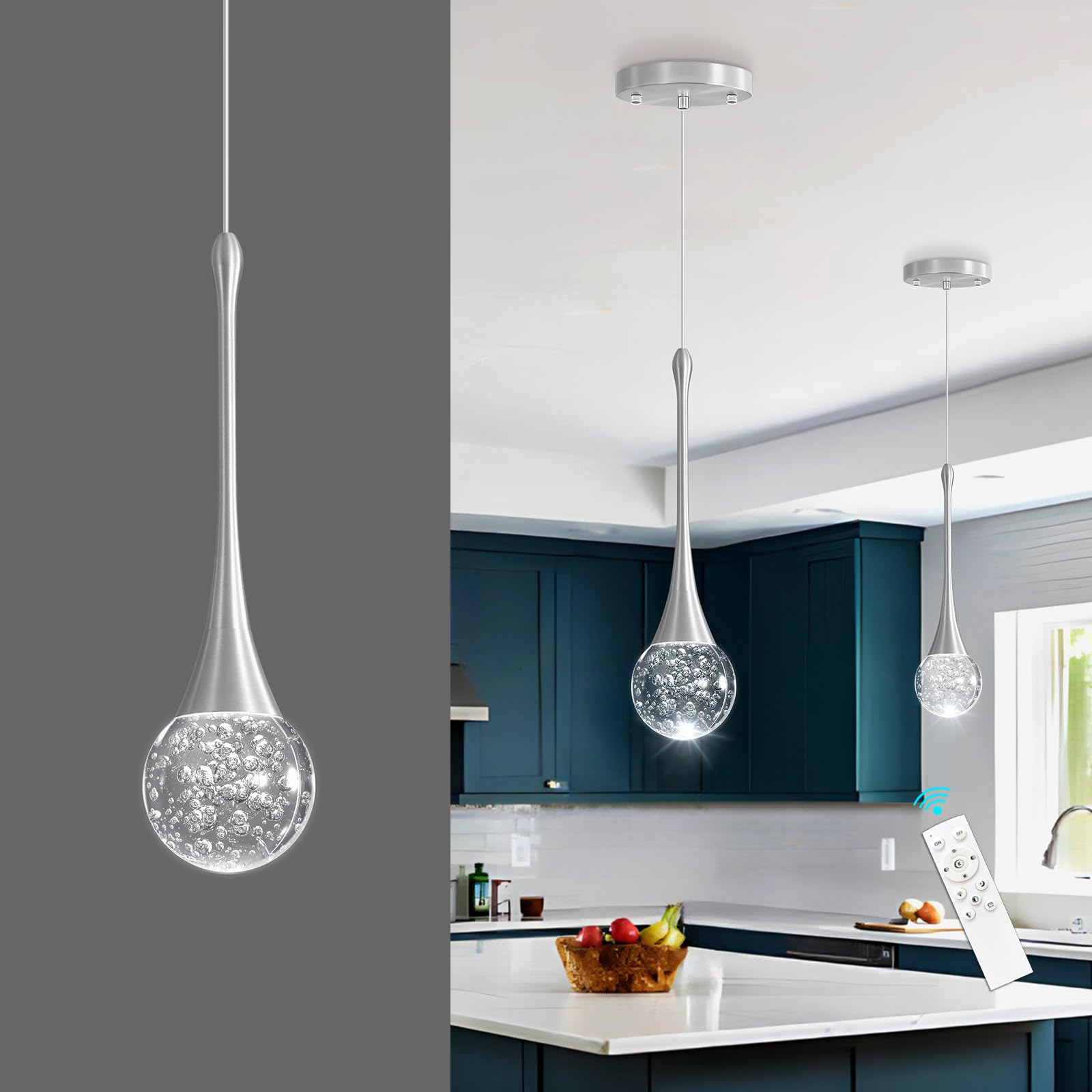cenozo Modern Pendant Light - LED Dimmable Crystal Ceiling Lamp, 1 Light Round, Brushed Nickel, Ideal for Kitchen, Dining Room, Bedroom
