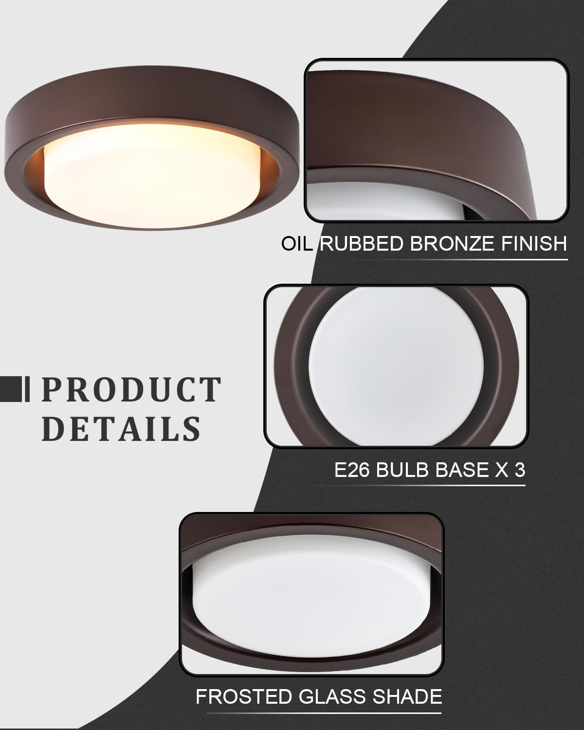 MIAOMEIO Flush Mount Ceiling Light 3-Lights Metal Glass Round 16 Inch Oil Rubbed Bronze CL23998