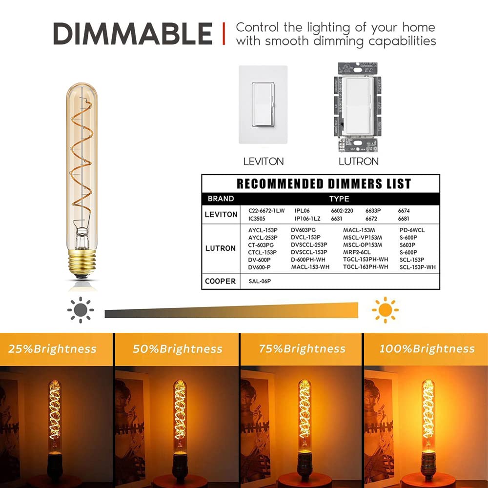 Leools Dimmable T10 LED Bulbs, 7.3" Amber Glass, 40W Vintage, Warm White 2200K, Pack of 4, E26 Base,