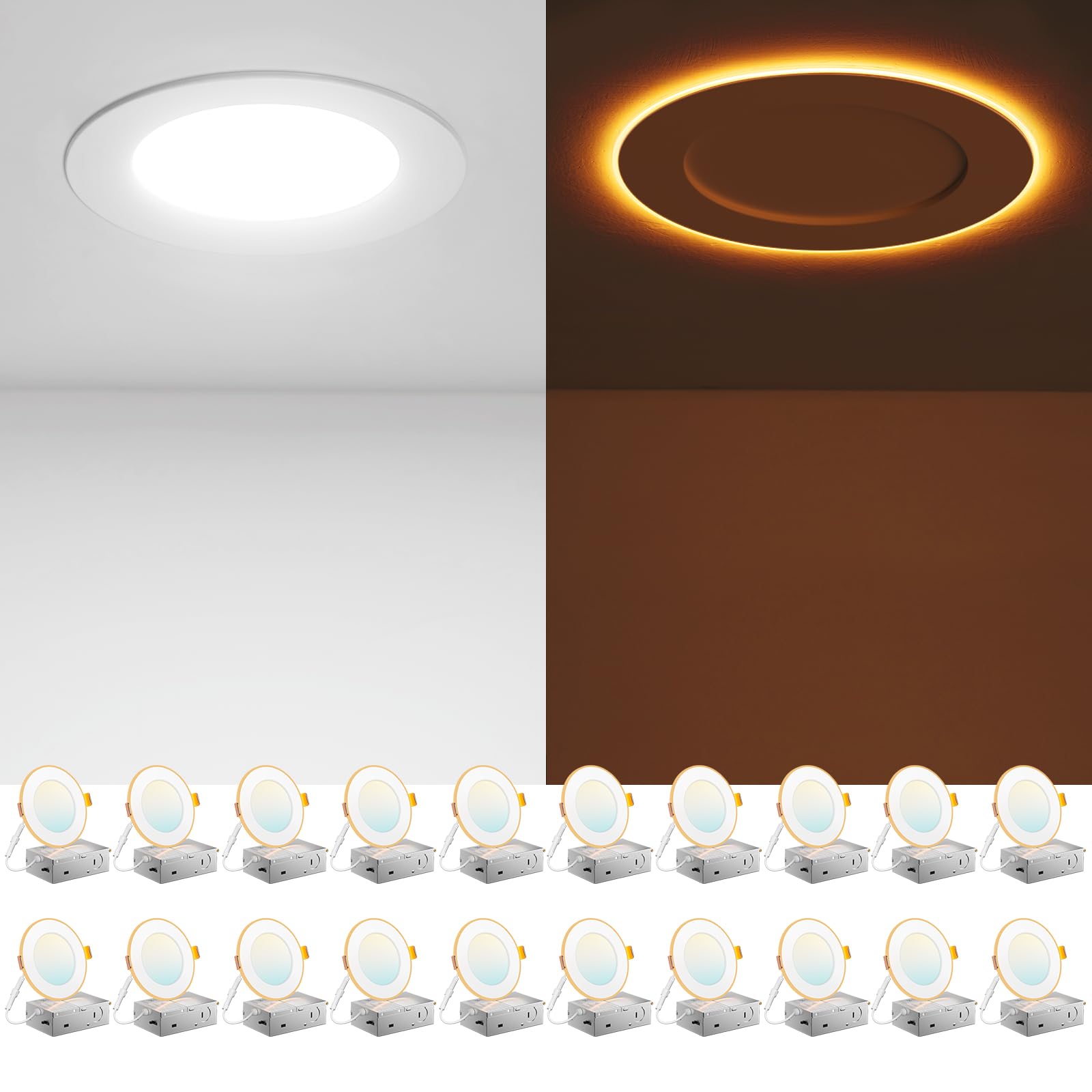 Amico 20 Pack 4 Inch 5CCT LED Recessed Ceiling Light with Night Light, 2700K/3000K/3500K/4000K/5000K Selectable Ultra-Thin Reces