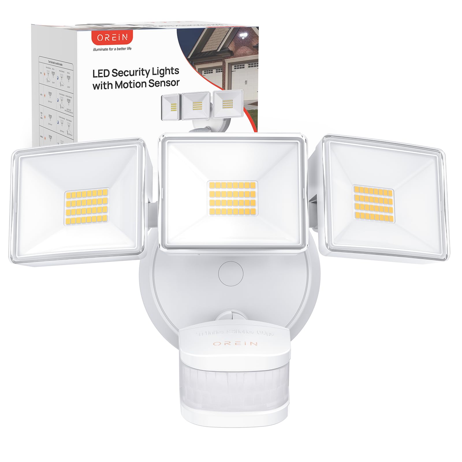 OREiN LED Flood Light 10000LM, Motion Sensor, IP65 Waterproof, 4 Lighting Modes, Hardwired, White, Model OS5600184