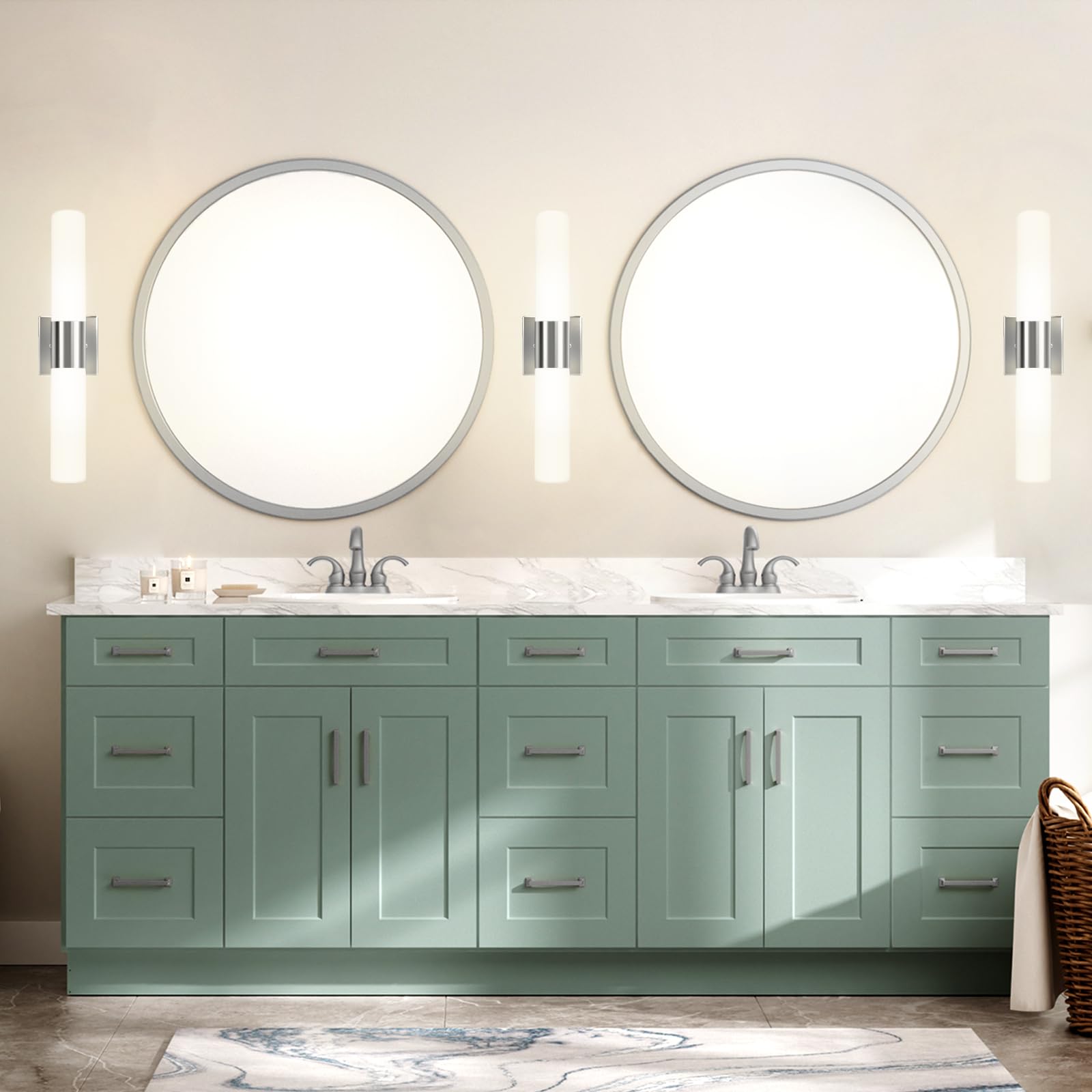 Kalium Bathroom Wall Sconces Set of 2, 21 Inch Modern Vanity Lights, Frosted Glass Shade, Brushed Nickel Finish, Model WL052A-BN