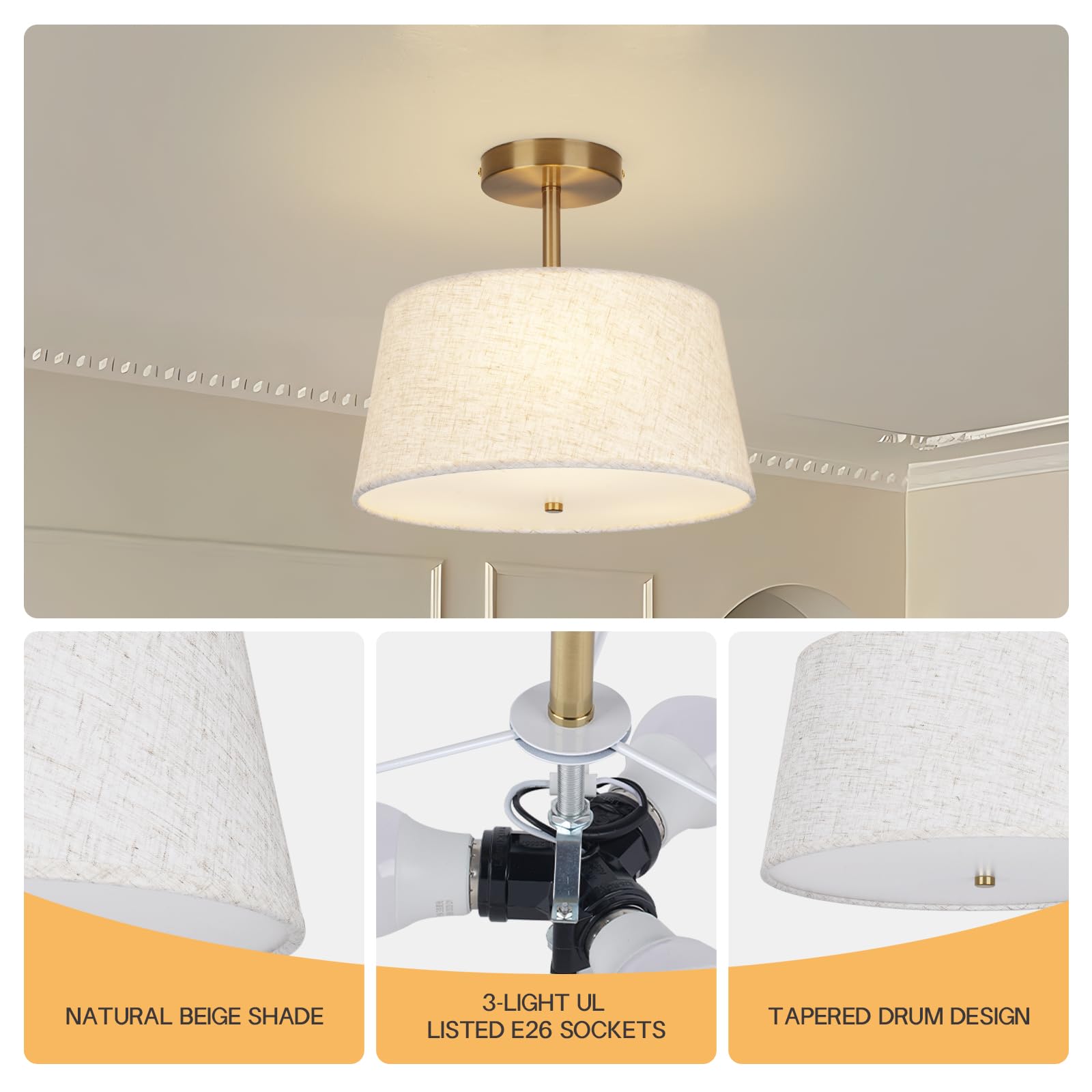 Calokes Cone-Shaped Semi Flush Mount Modern Ceiling Light Fixture, 3-Light Drum Lamp With Gold Brass Finish And Beige Fabric Sha